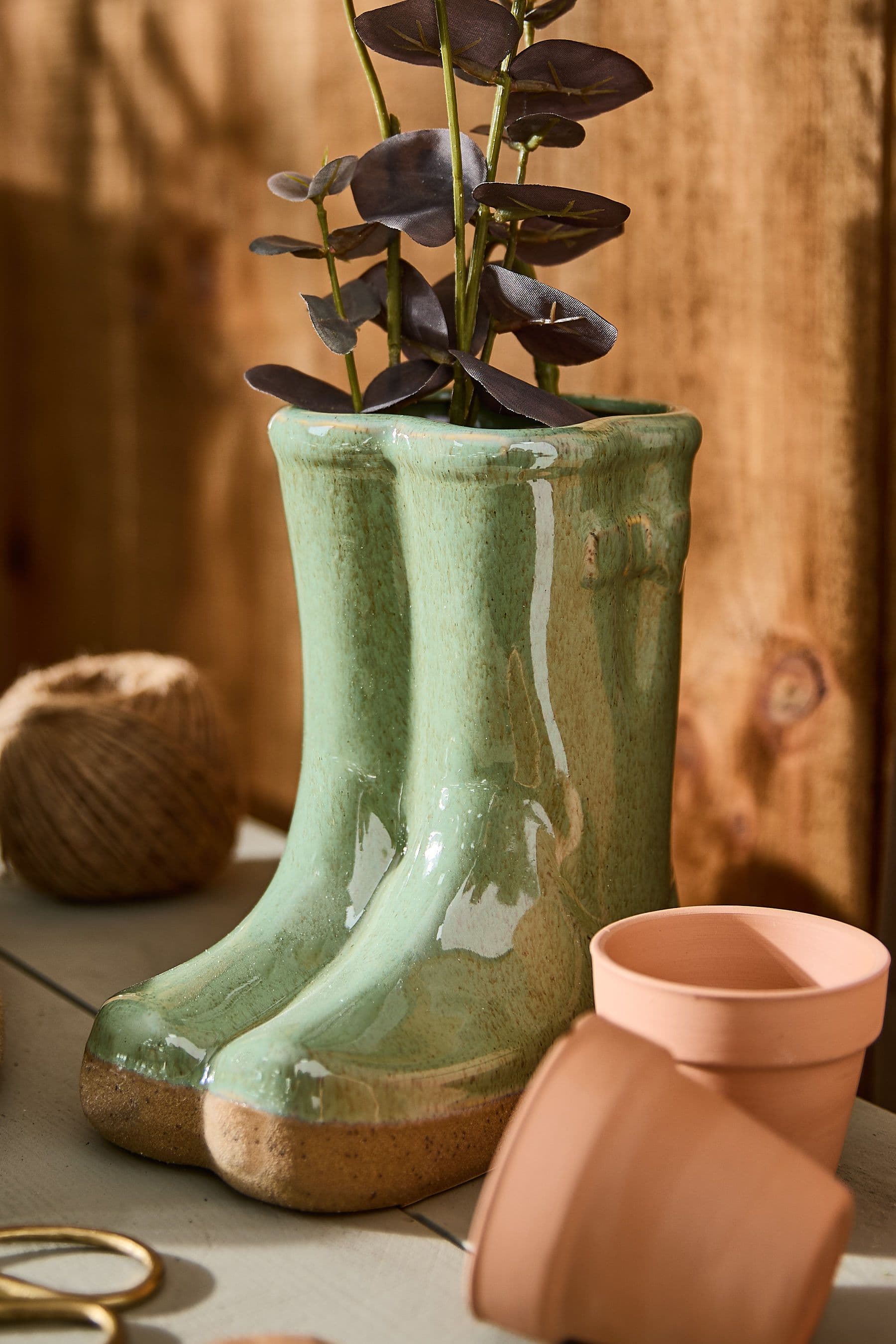 Small Sage Green Wellingtons Boots Ceramic Indoor Outdoor Flower Pot Garden Planter Pot
