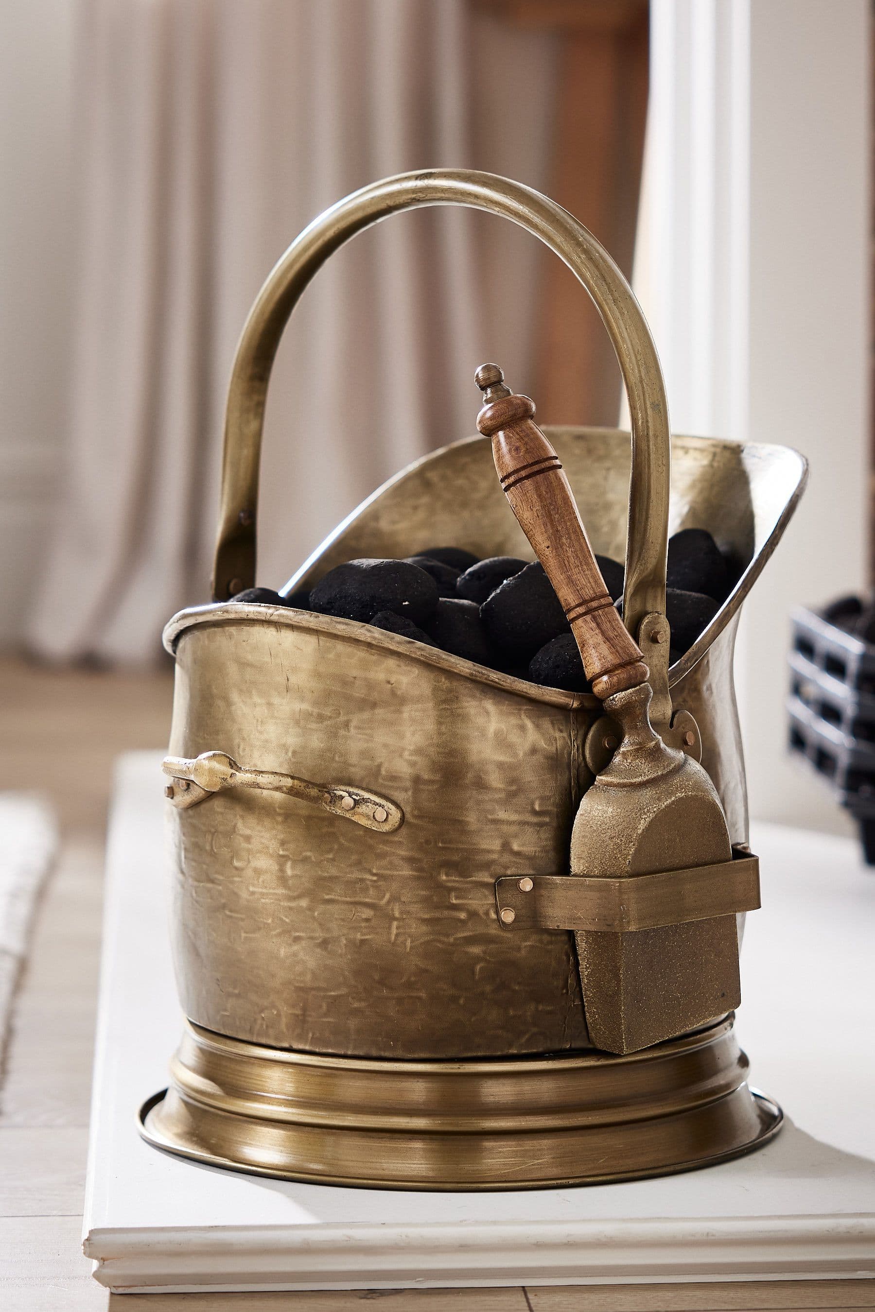 Traditional Antique Brass Fireplace Coal Bucket Shovel