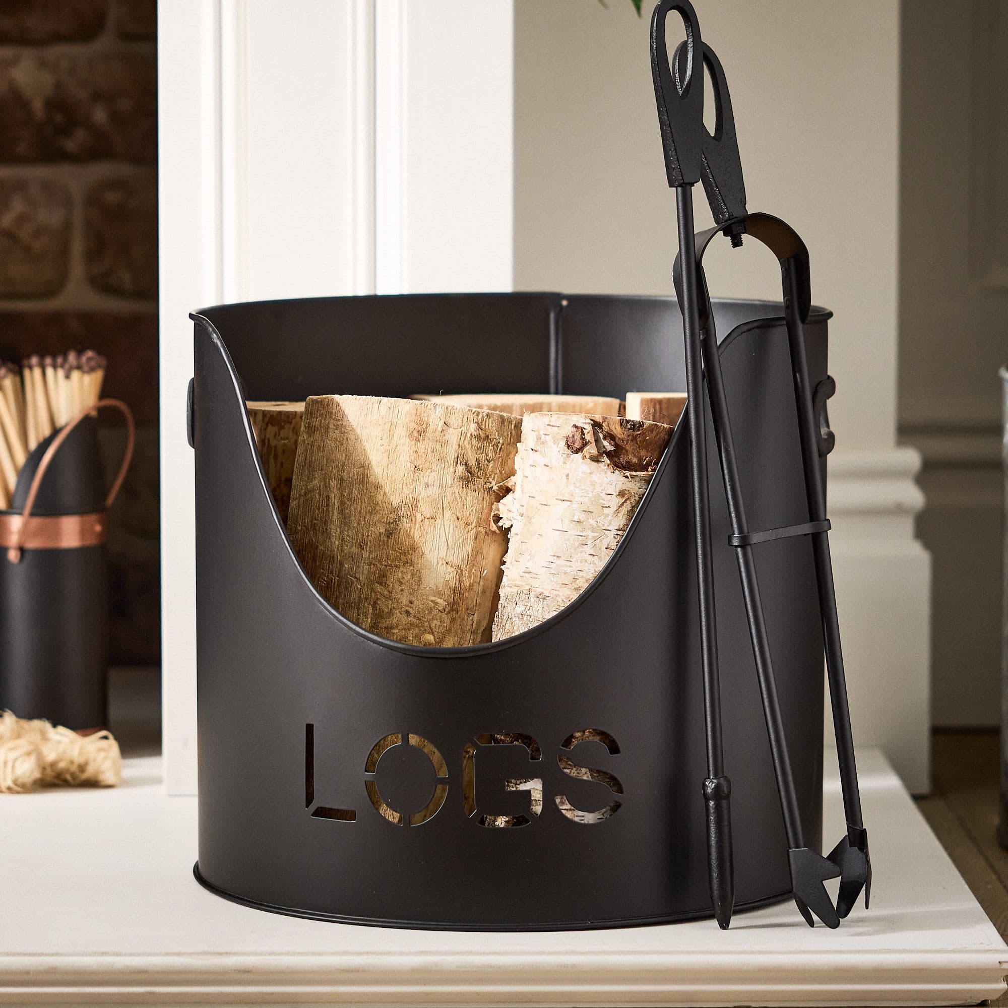 Country Fireside Log Storage Kindling Bucket Poker Tongs