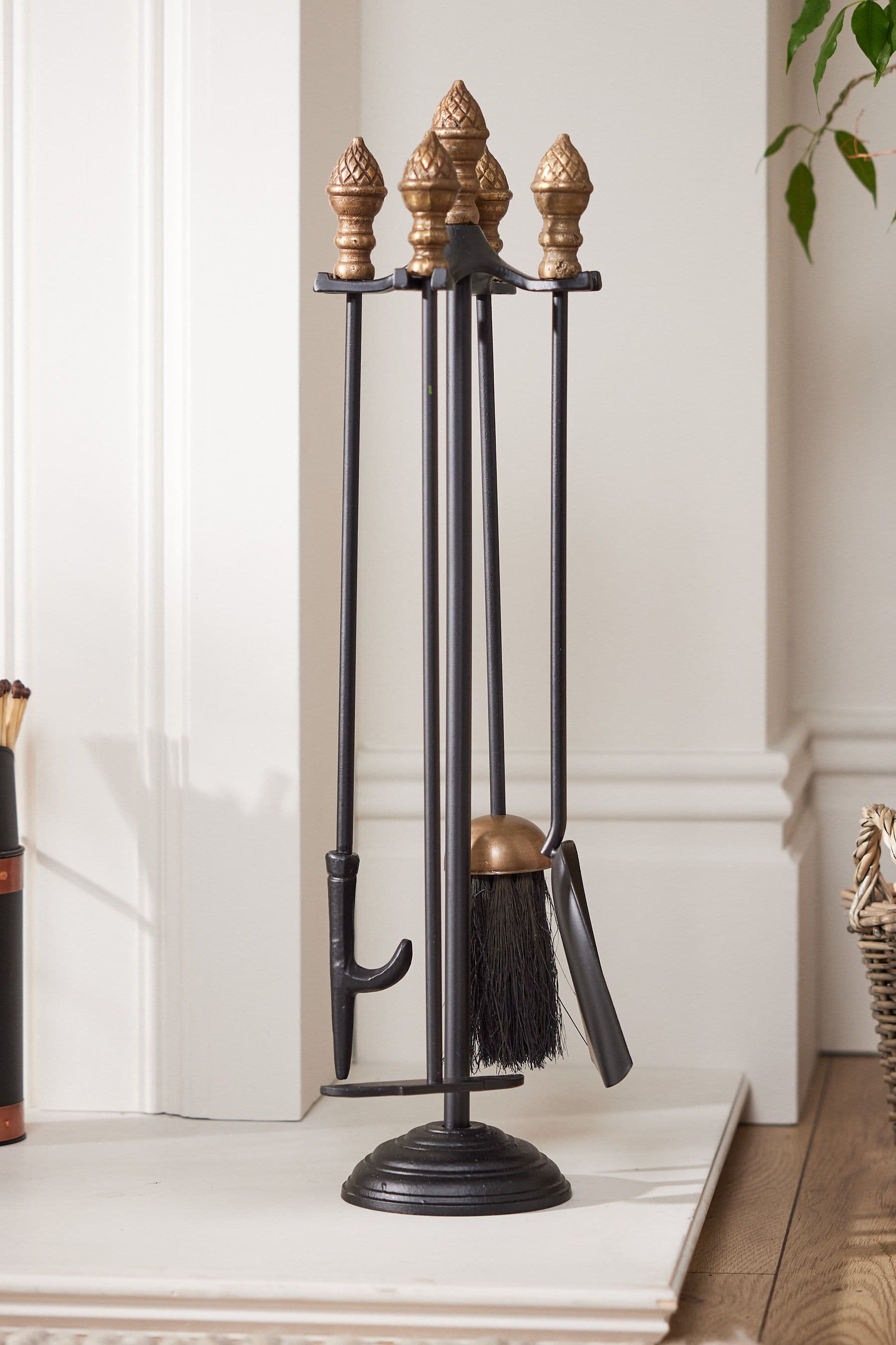 Traditional Fireplace Brass Acorn 5pc Fireside Companion Set