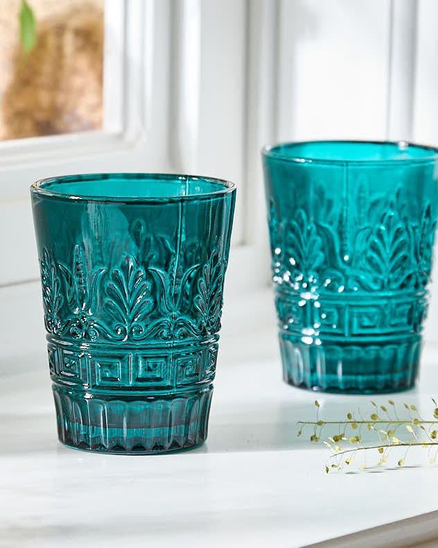 Set 2 Art Deco Embossed Drinking Glass Tumblers