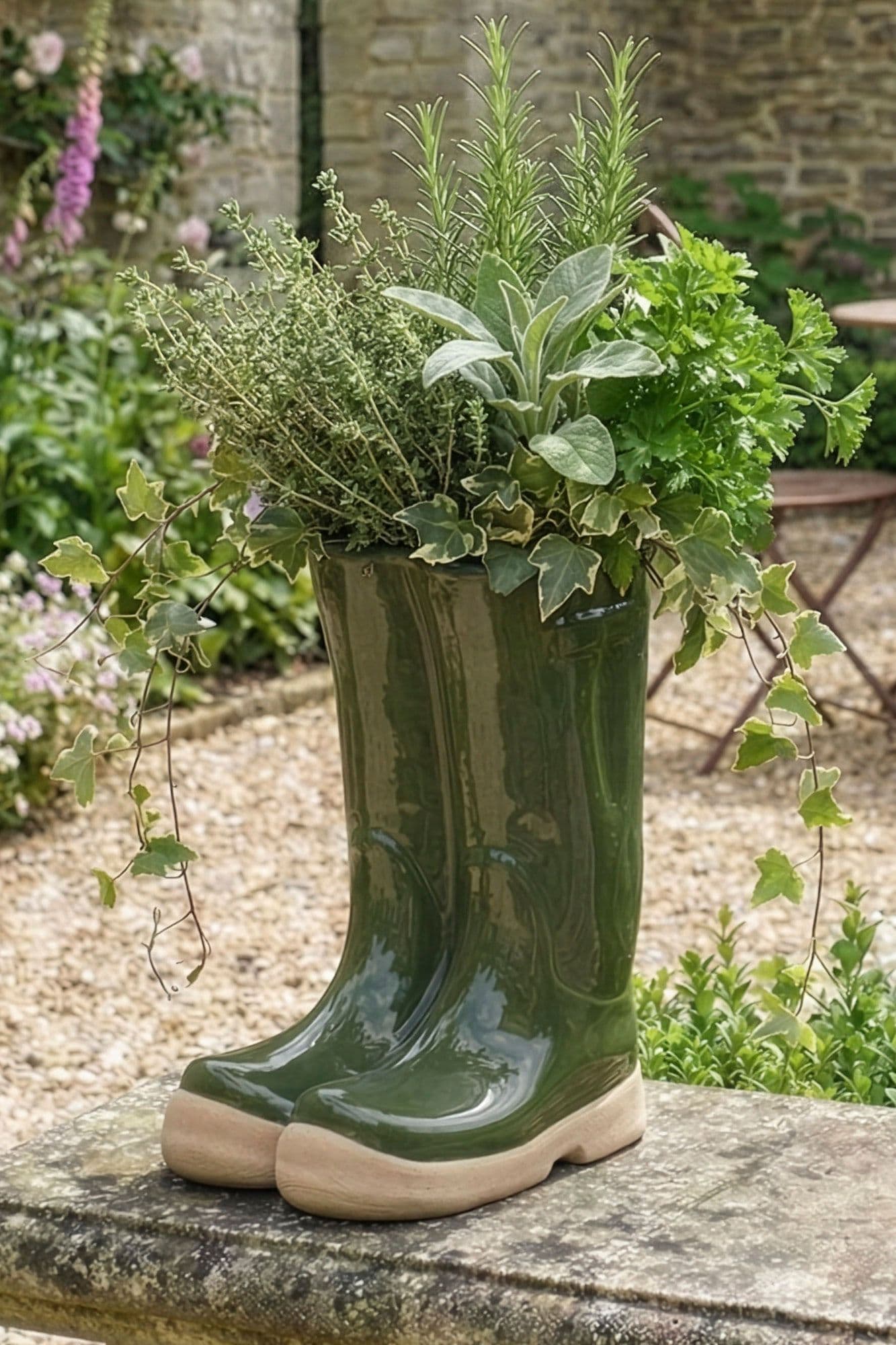Dark Green Wellington Boots Large Ceramic Indoor Outdoor Flower Pot Garden Planter Pot