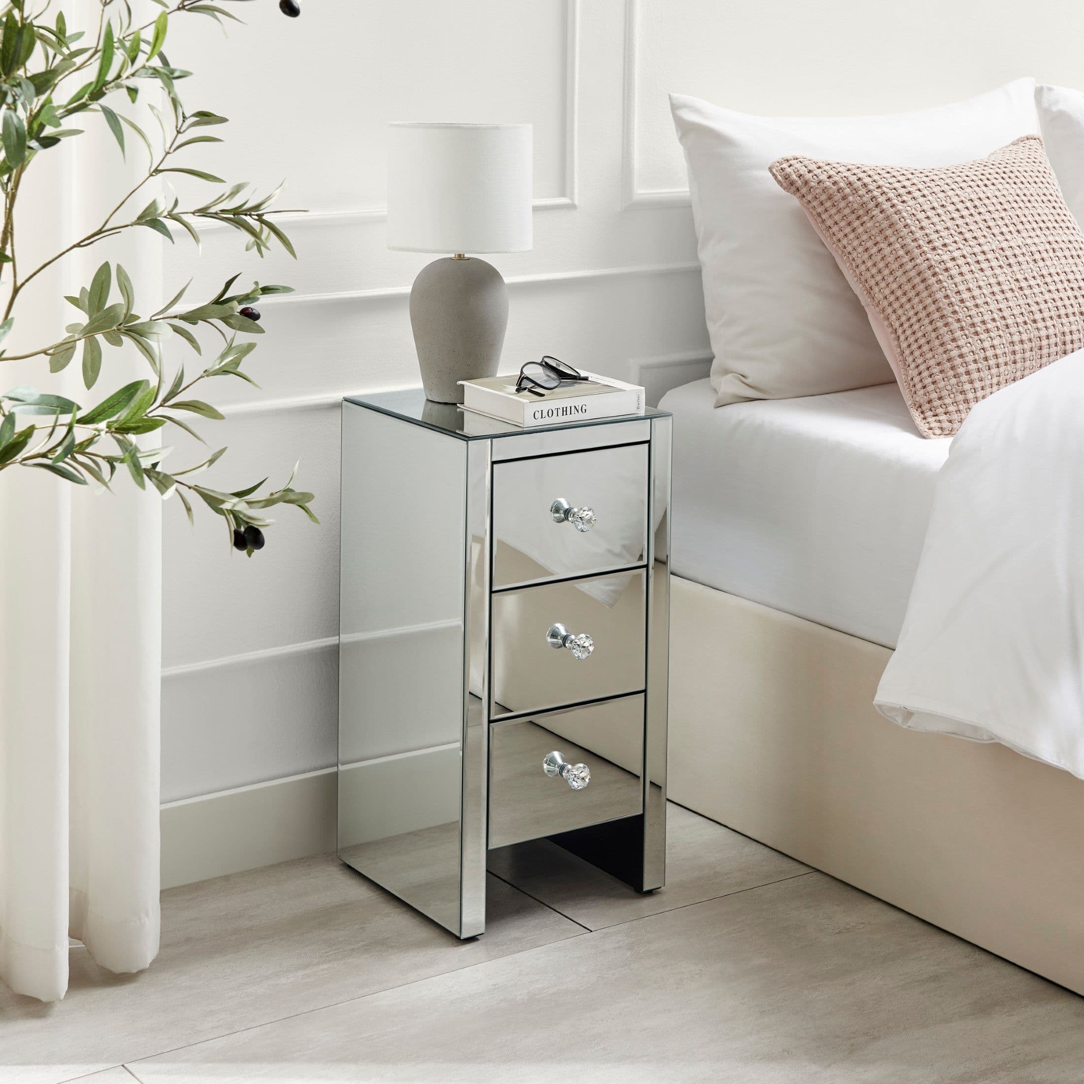Murano Slim 3 Drawer Mirrored Square bedside Table Crystaline Shaped Handles