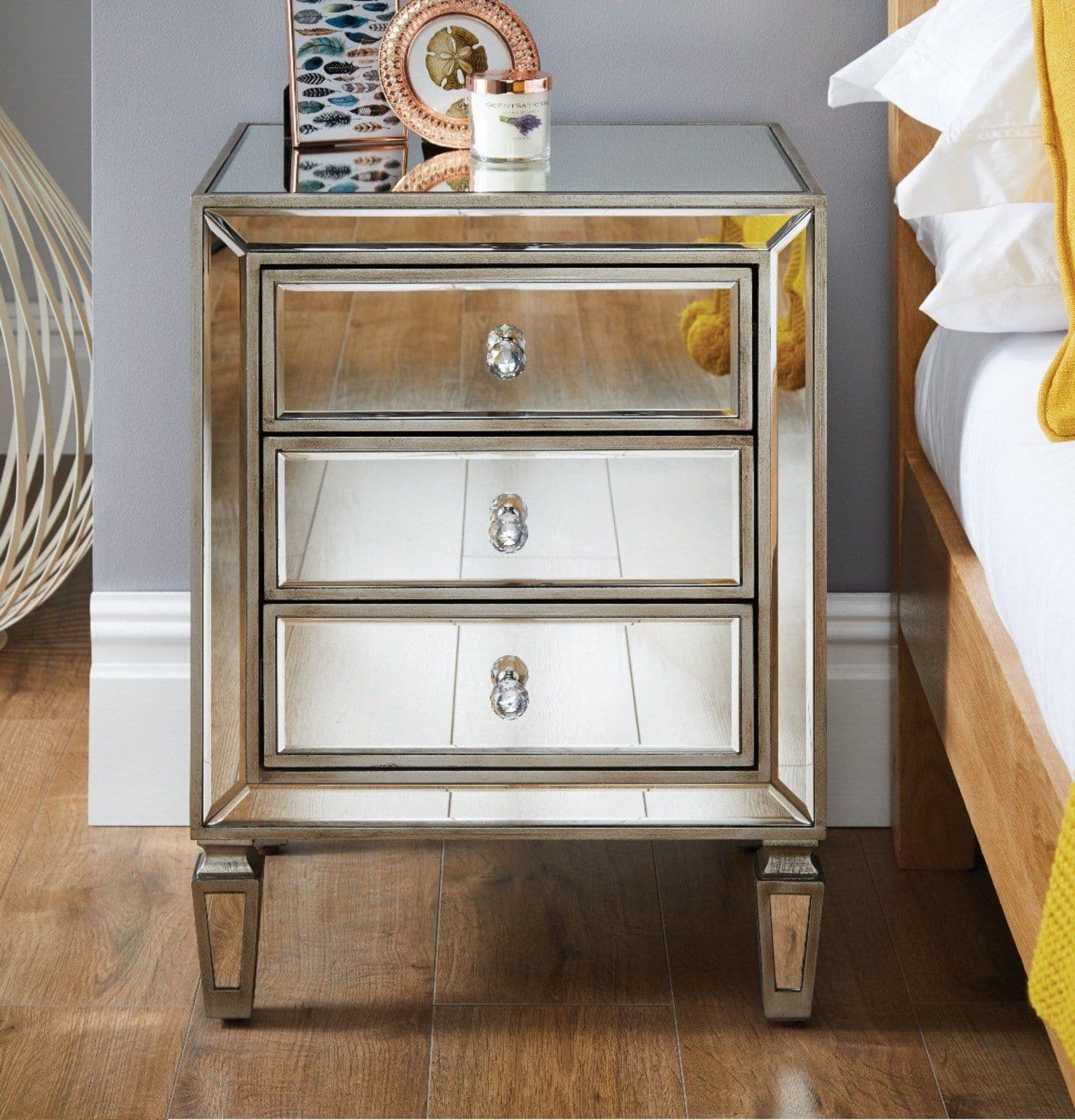 Venice Contemporary 3 Drawer Framed Mirrored Bedside TableWith Crystaline Shaped Handles