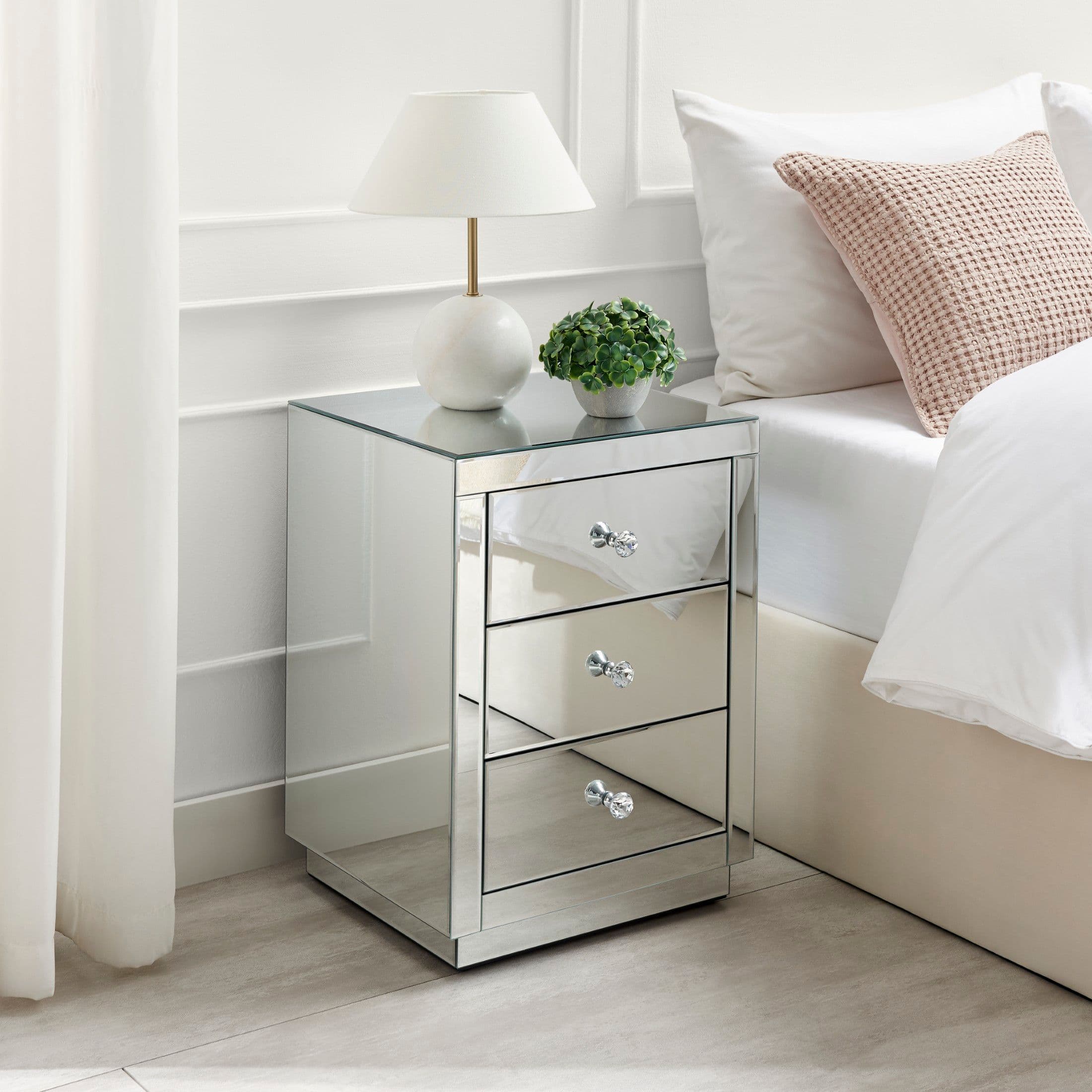 Italian Inspired Contemporary Mirrored 3 Drawer Rectangular Bedside Table Crystaline Shaped Handles