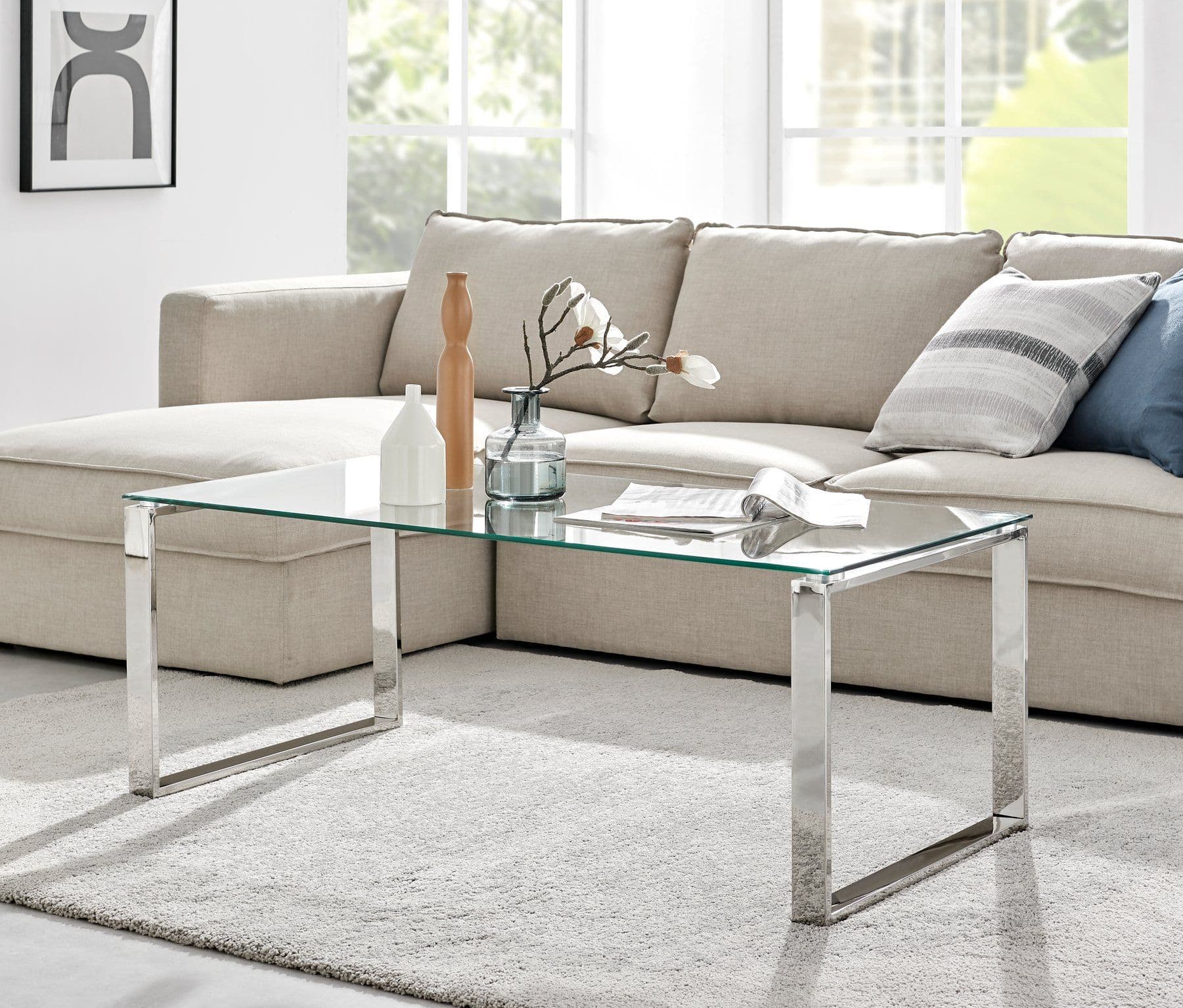 Miami Modern Rectangular Clear Glass Coffee Table Square Chrome Metal Legs Minimalist Living Room