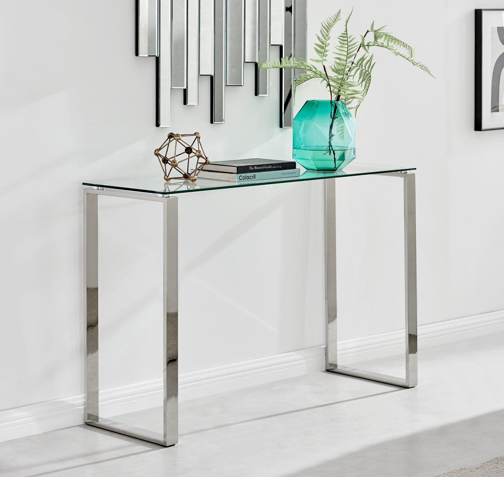 Miami Modern Rectangular Clear Glass Console Table Square Chrome Metal Legs Minimalist Living Room or Hallway