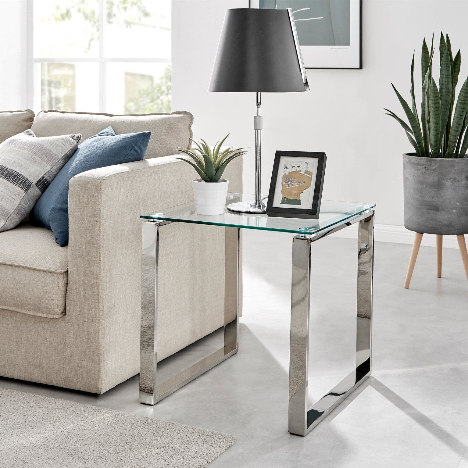 Miami Modern Square Clear Glass Side End Bedside Table Square Chrome Metal Legs Living Room or Bedroom