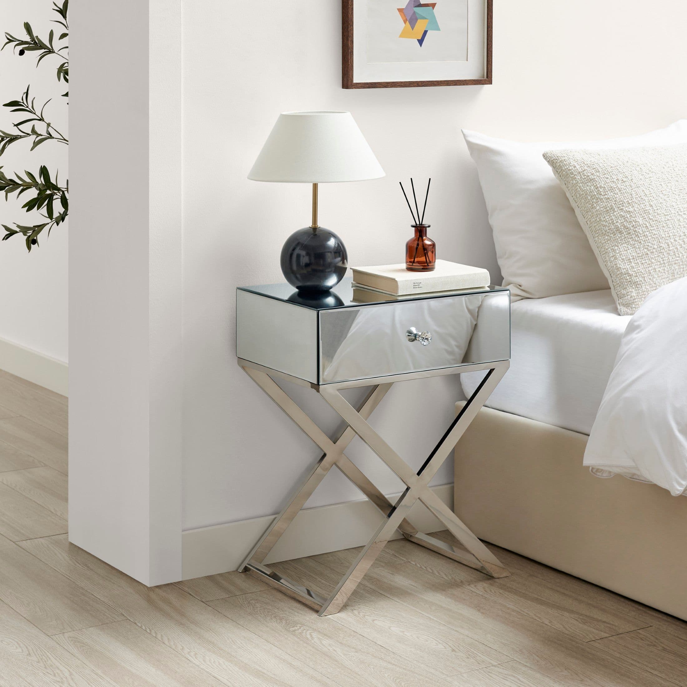 Celeste Single Drawer Mirrored bedside Table Chrome Cross Legs