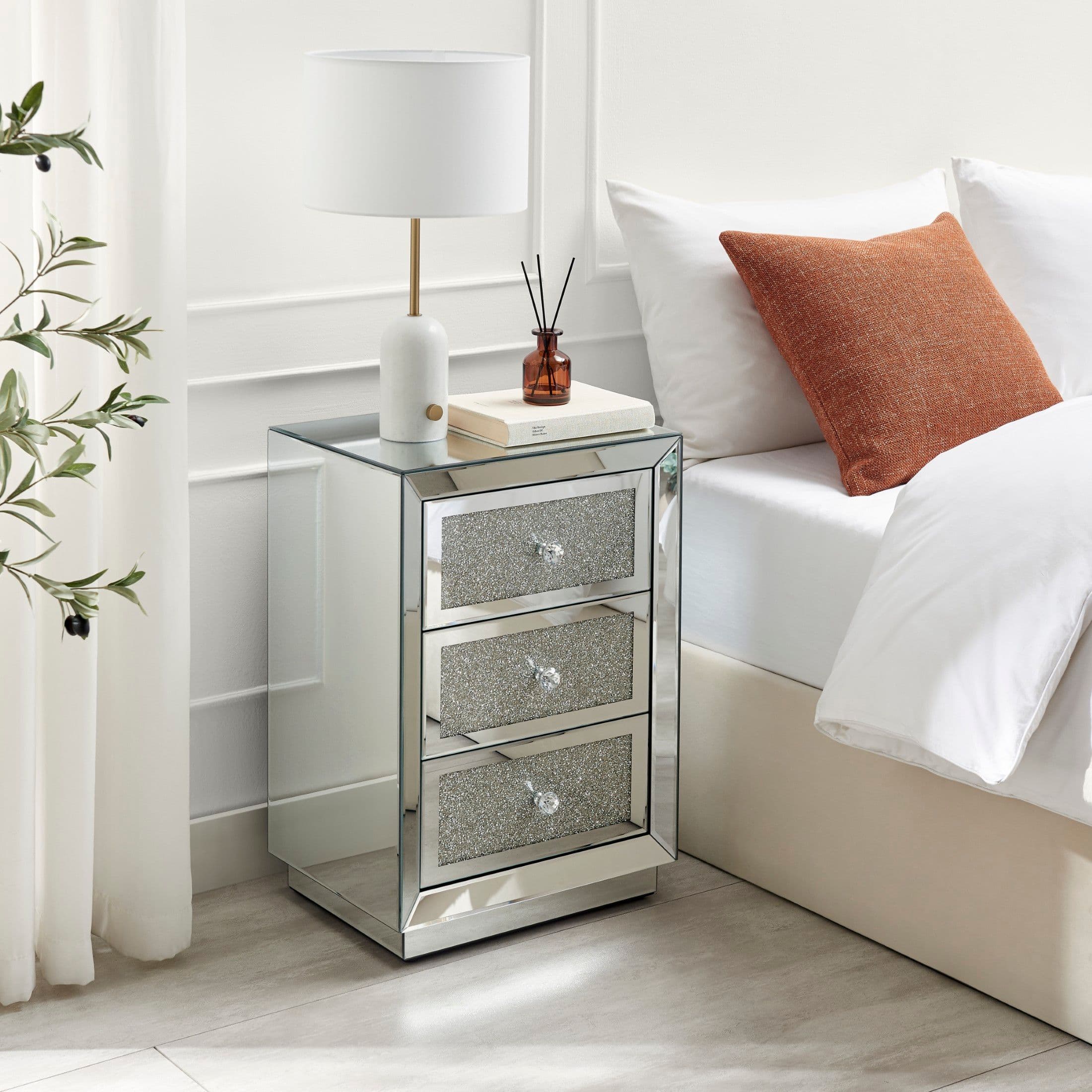 Stella Crushed Diamond Effect Mirrored 3 Drawer Bedside Table