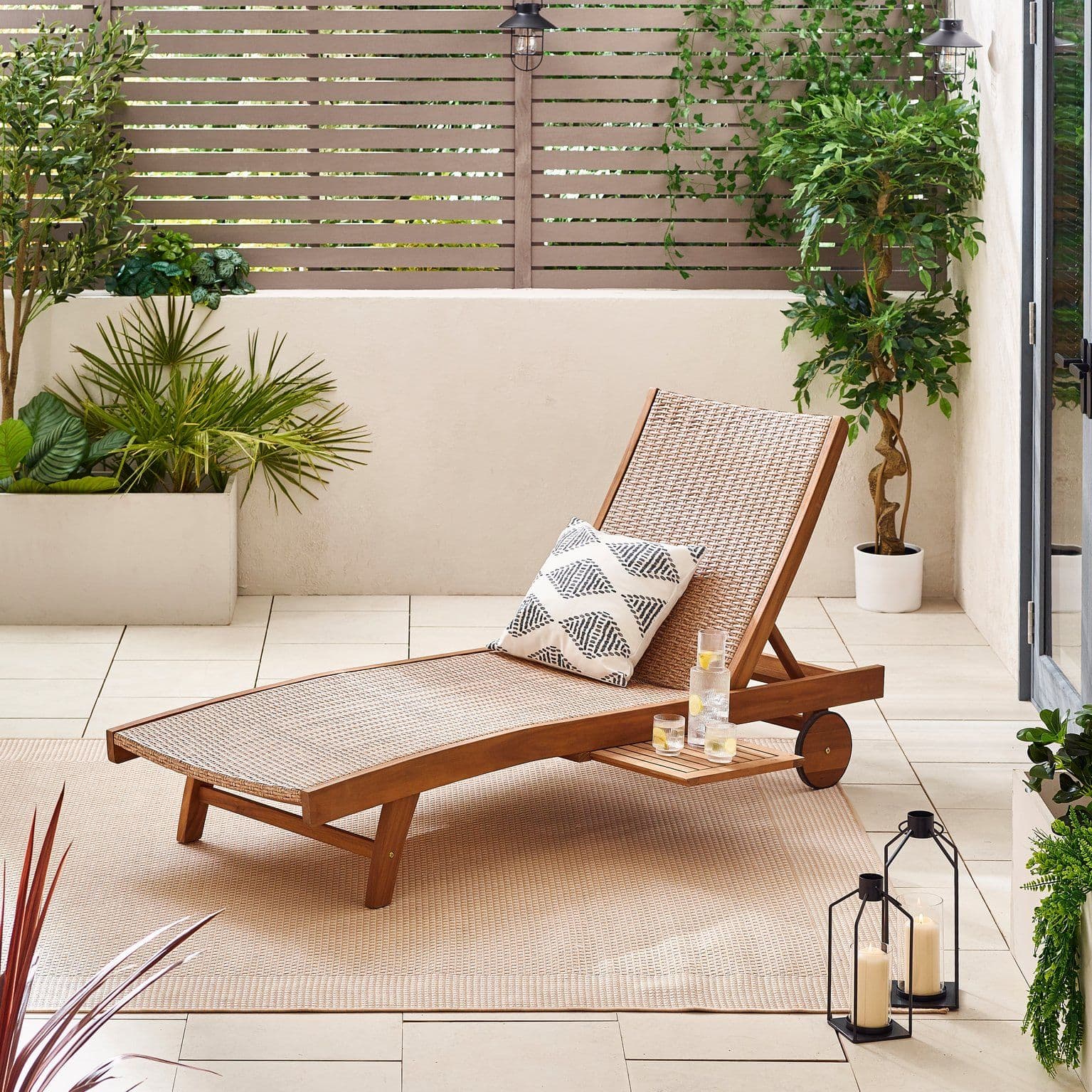Nata Sun Lounger Solid Wood Brown Rattan Metal Adjustable Back