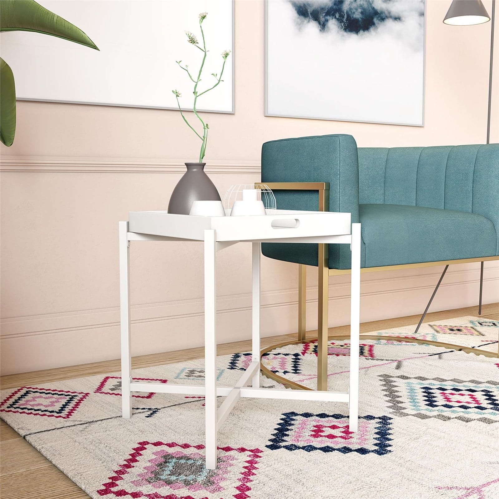 Coco Wooden Side Coffee Table Removable Tray Metal Legs