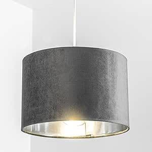 'Nila' Luxury Grey Velvet & Silver Inner Round Pendant Drum Lamp Shade