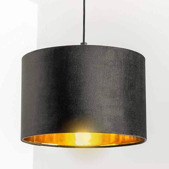 'Nila' Luxury Black Velvet & Gold Inner Round Pendant Drum Ceiling Lamp Shade