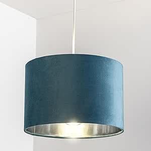 'Nila' Luxury Teal Velvet & Silver Round Pendant Drum Ceiling Lamp Shade