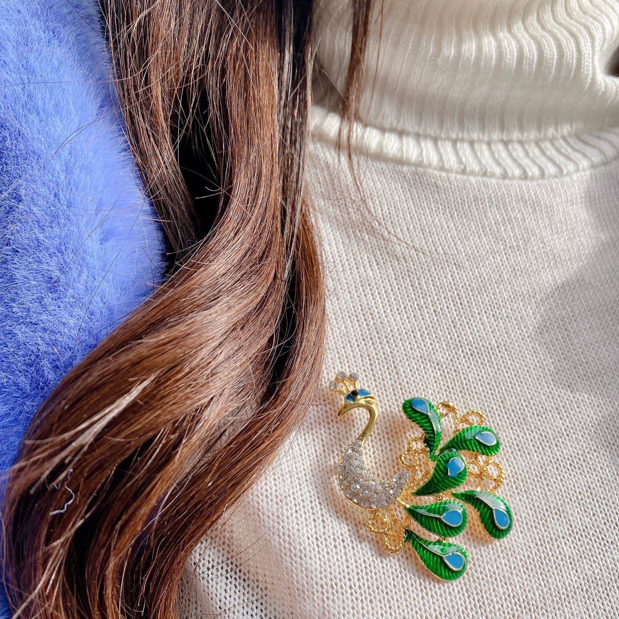 Peacock Brooch Enamel & Crystal