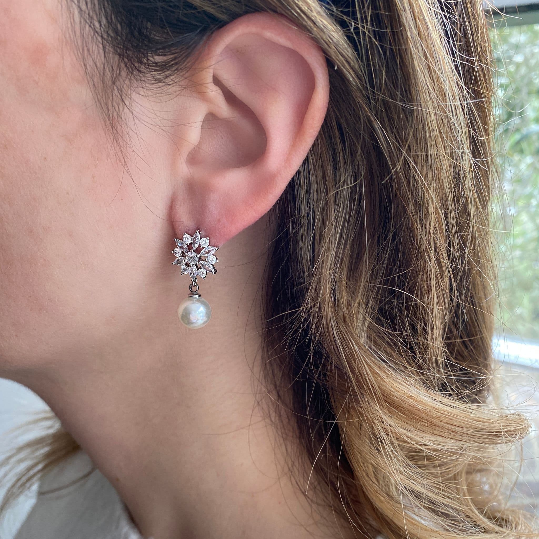 Floral Diamante Pearl Drop Earrings