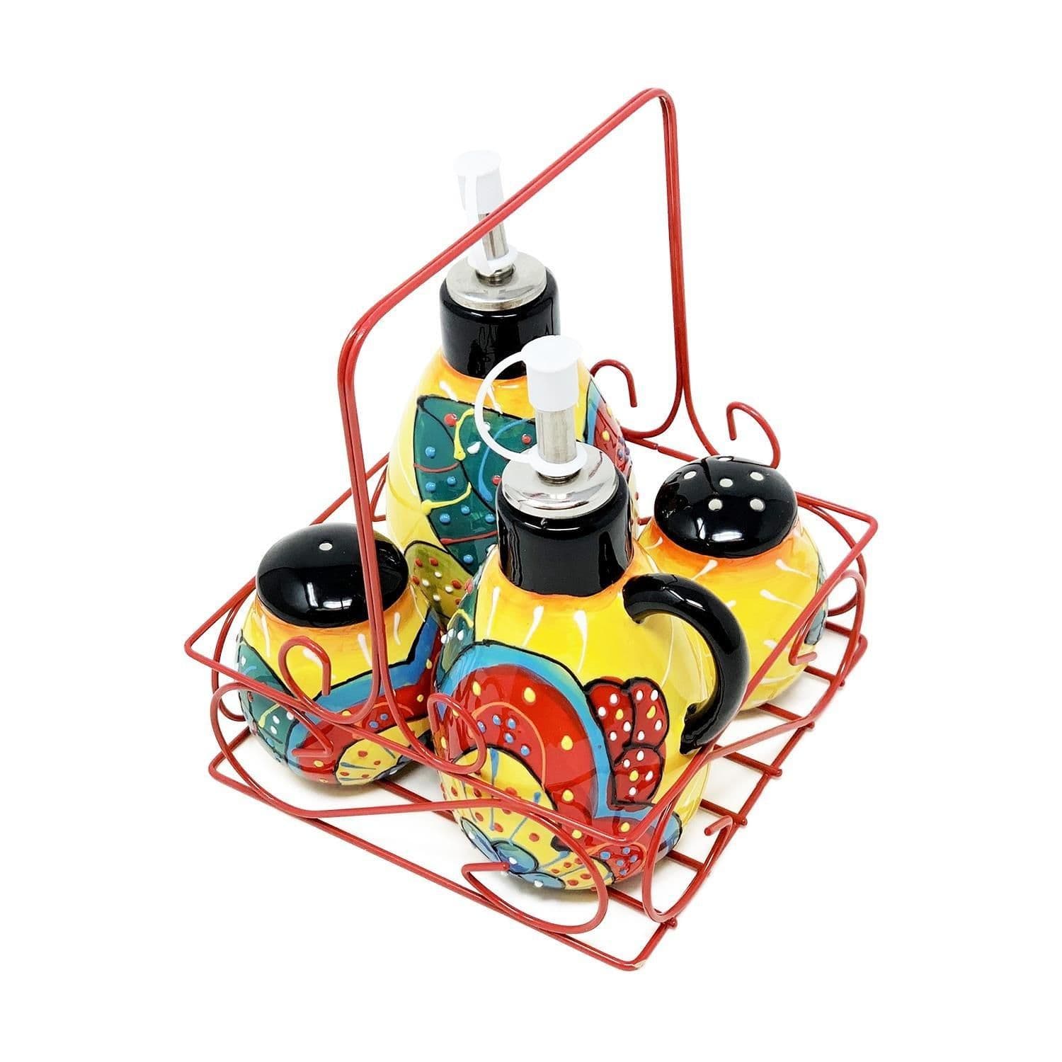 Classic Spanish Hand Painted Kitchen Dining Condiment Rack (H) 16cm Red/Yellow Flower