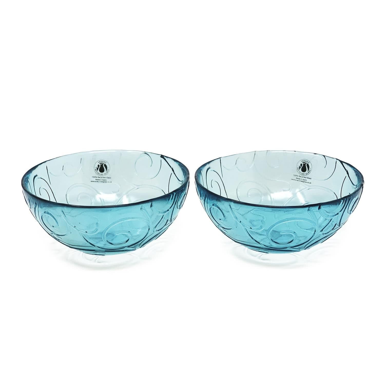 Recycled Glass Ice Blue/Clear Swirl Kitchen Dining Set of 2 Serving Bowls (Diam) 18cm