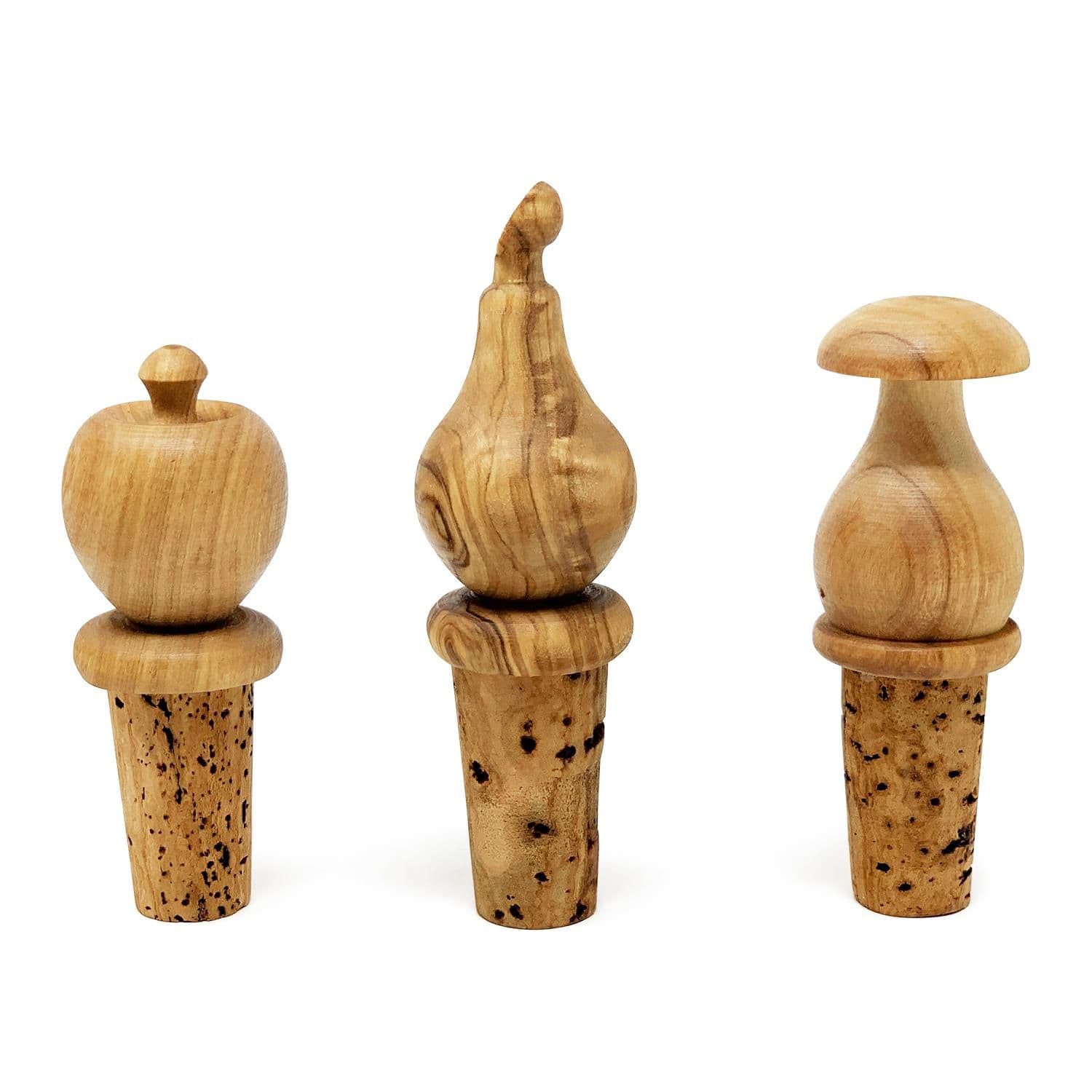 Olive Wood Natural Grained Rustic Kitchen Dining Set of 3 Cork Bottle Stoppers (H) 8cm