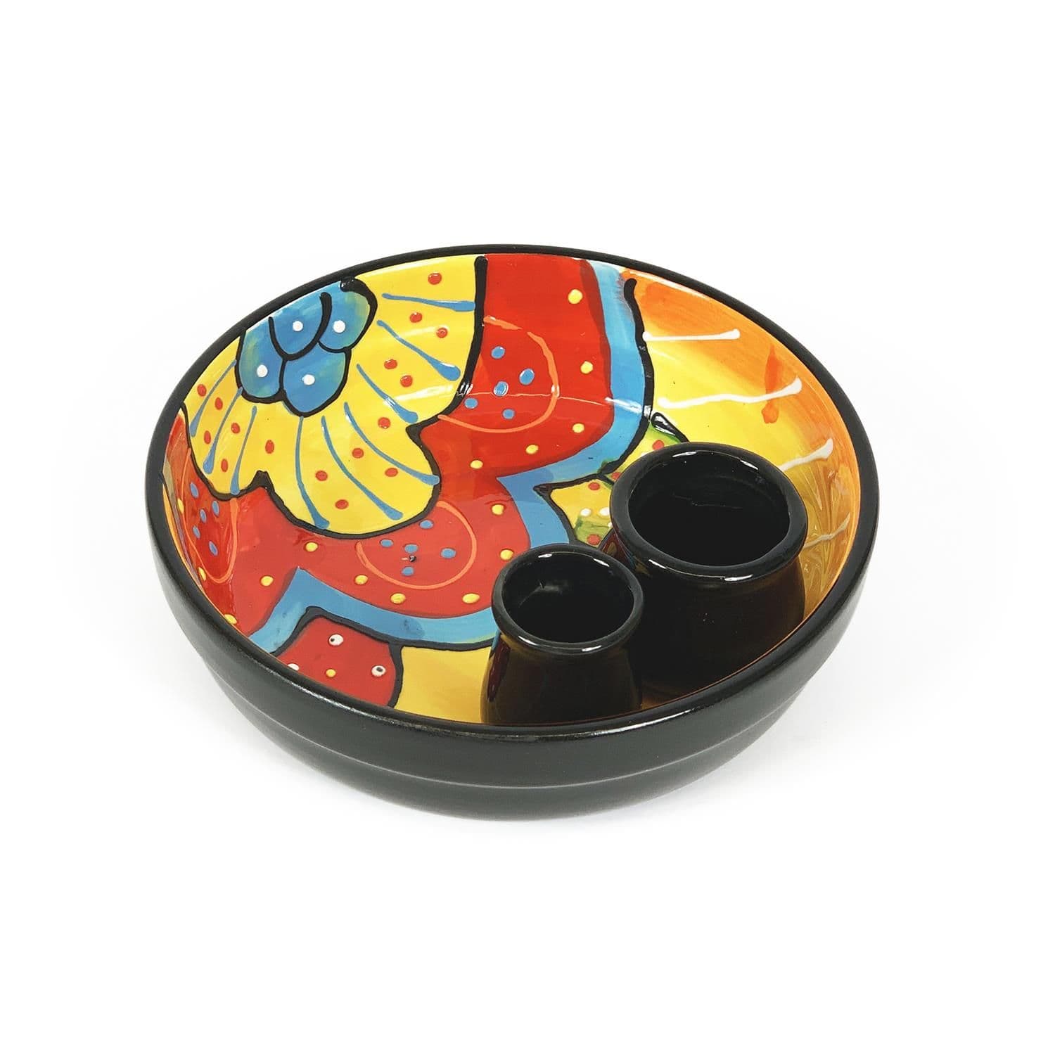 Classic Spanish Hand Painted Kitchen Dining Round Olive Dish (Diam) 15cm Red/Yellow Flower