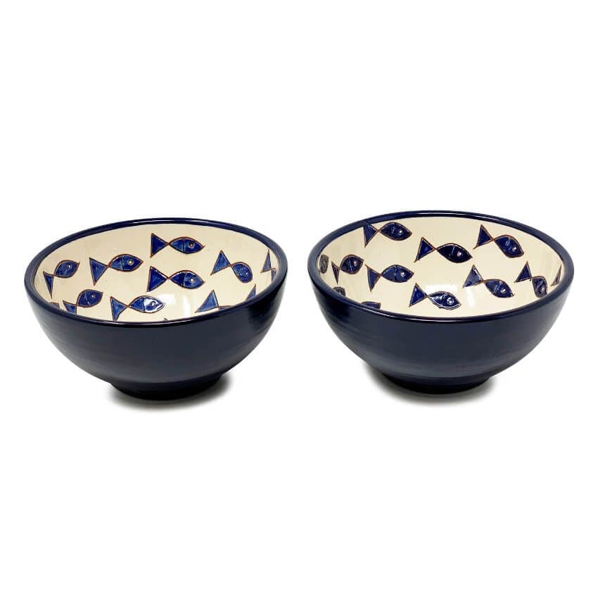 Signature Blue & White Fish Hand Painted Ceramic Set of 2 Appetiser Bowls (Diam) 15cm