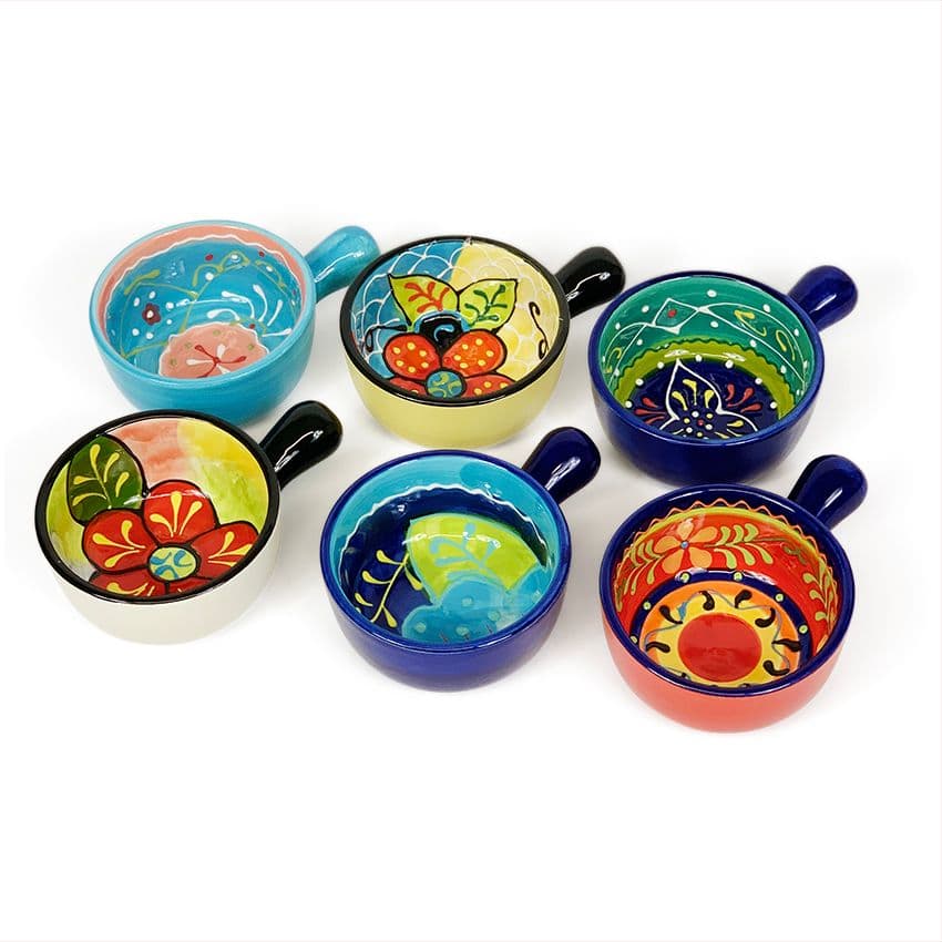 Classic Spanish Hand Painted Kitchen Dining Set of 6 Small Tapas Dishes w/ Handles (Diam) 8.5cm