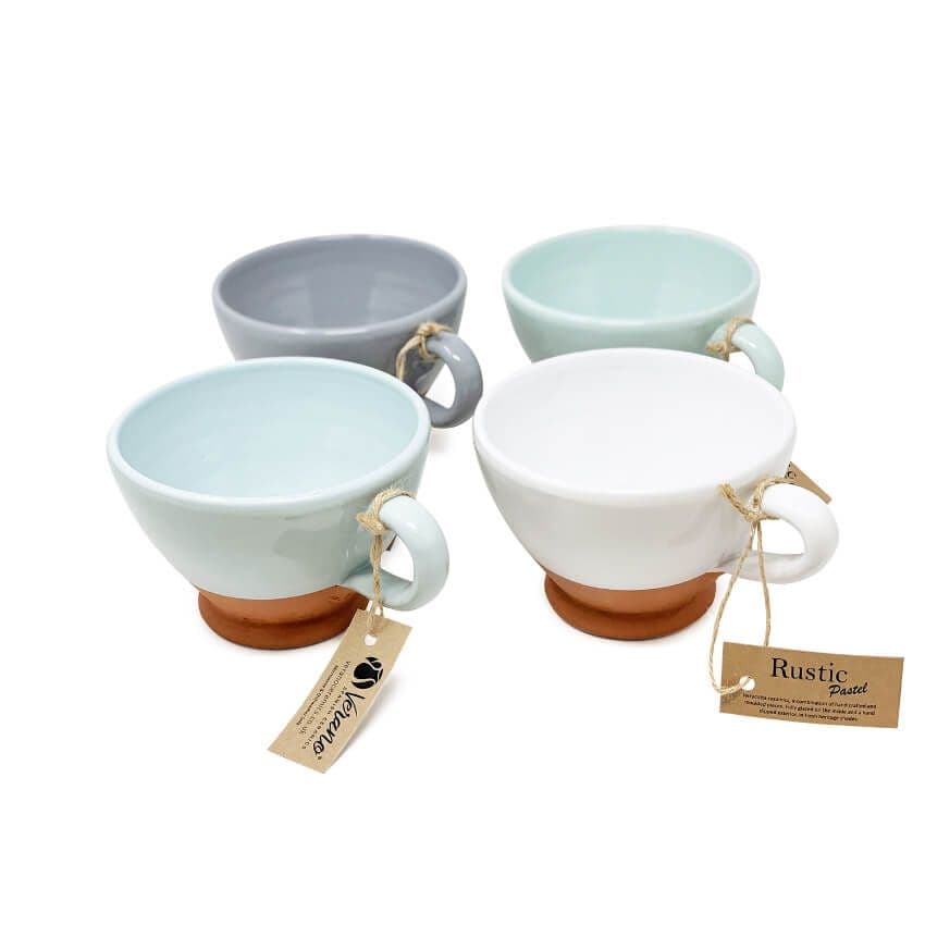 Rustic Pastel Half Dipped Terracotta Kitchen Mixed Set of 4 Breakfast Cups (Diam) 14cm
