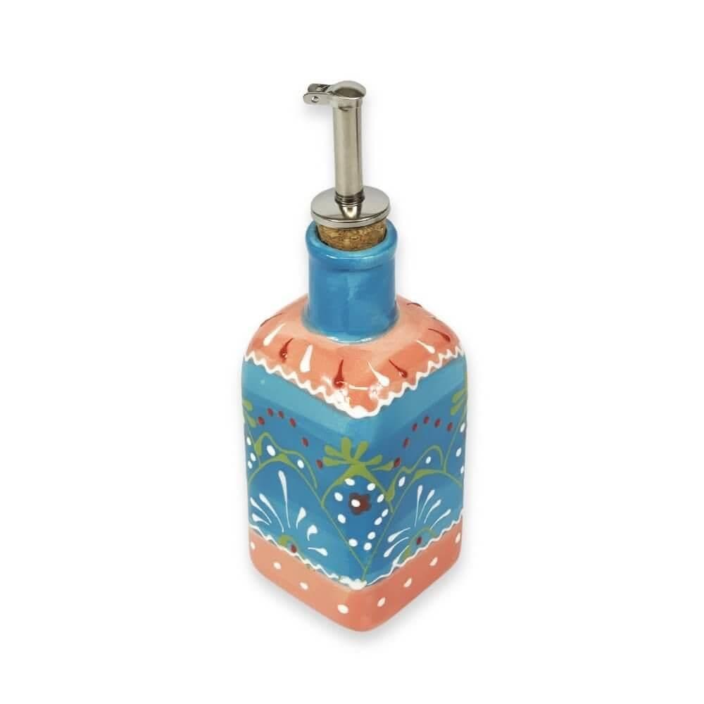 Classic Spanish Hand Painted Kitchen Dining Squared Oil Drizzler 250ml Blue/Pink