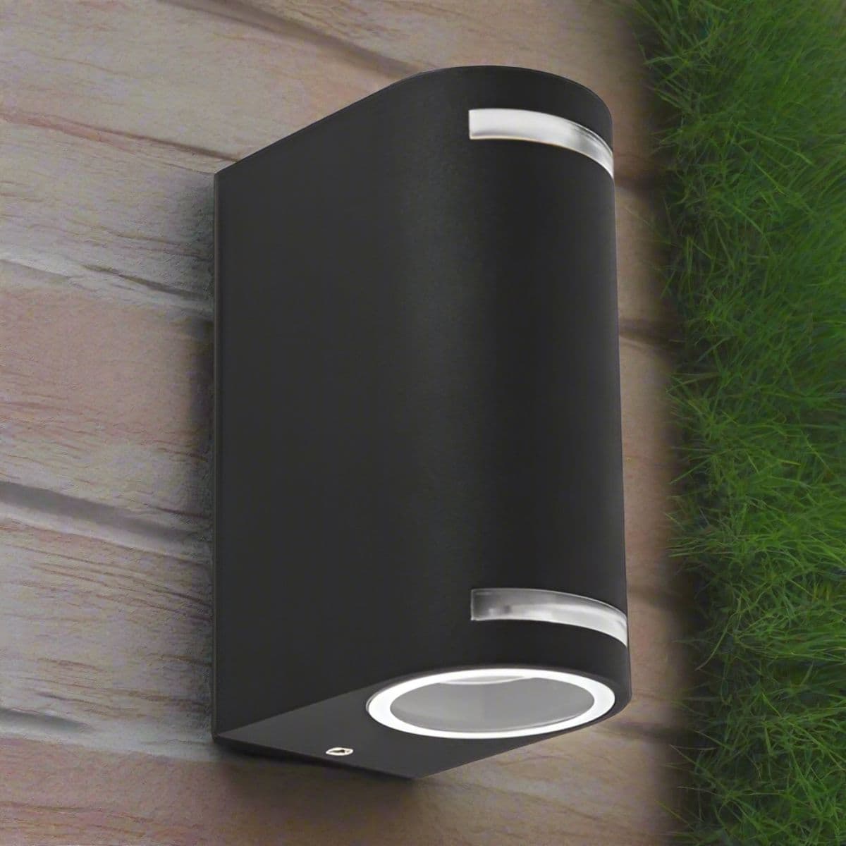 'Oax' Black Curved GU10 Double Up Down Outdoor Wall Light with Halo Front Illumination 240V