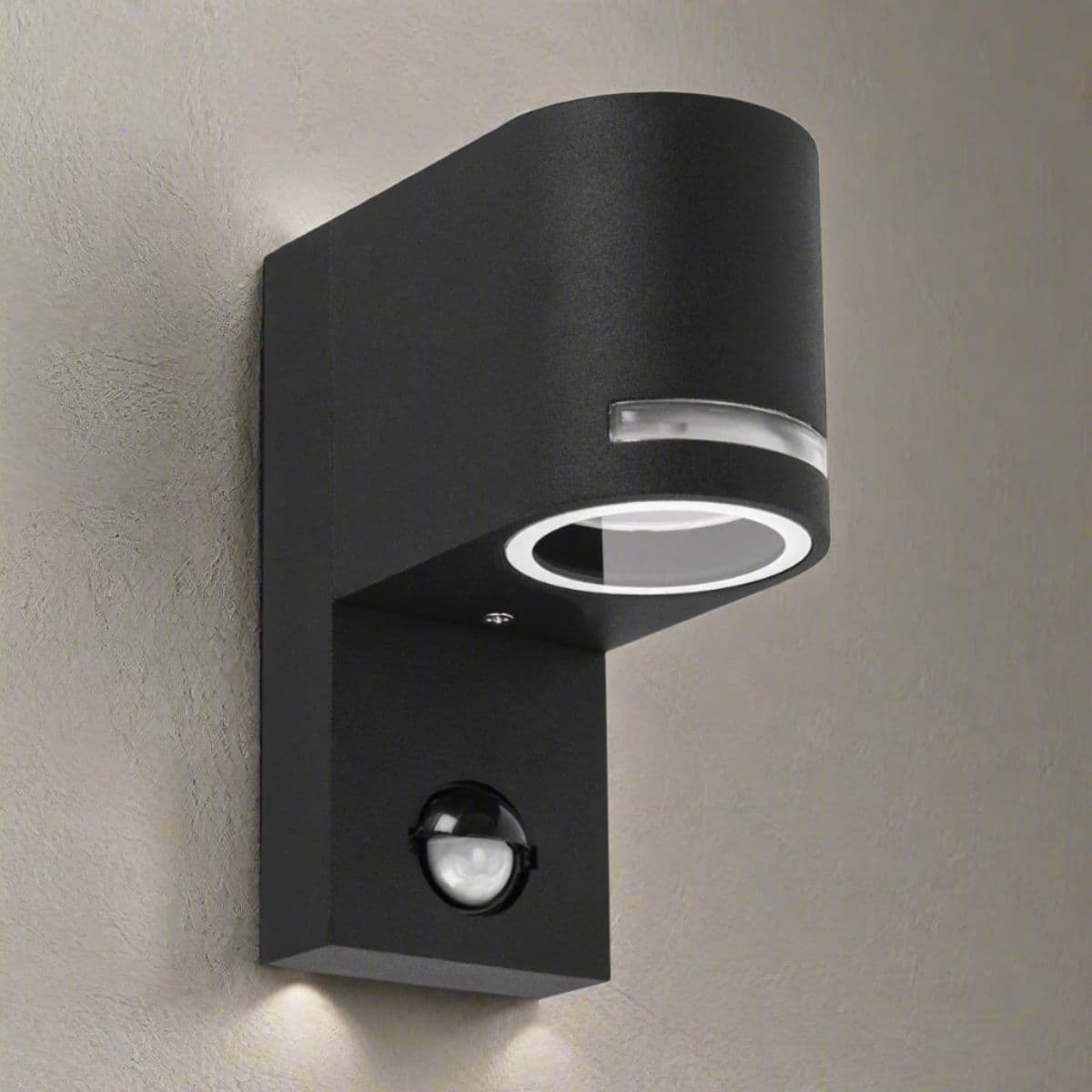 'Pipa' Black Curved PIR Motion Sensor GU10 Single Down Outdoor Wall Light with Halo Front Illumination