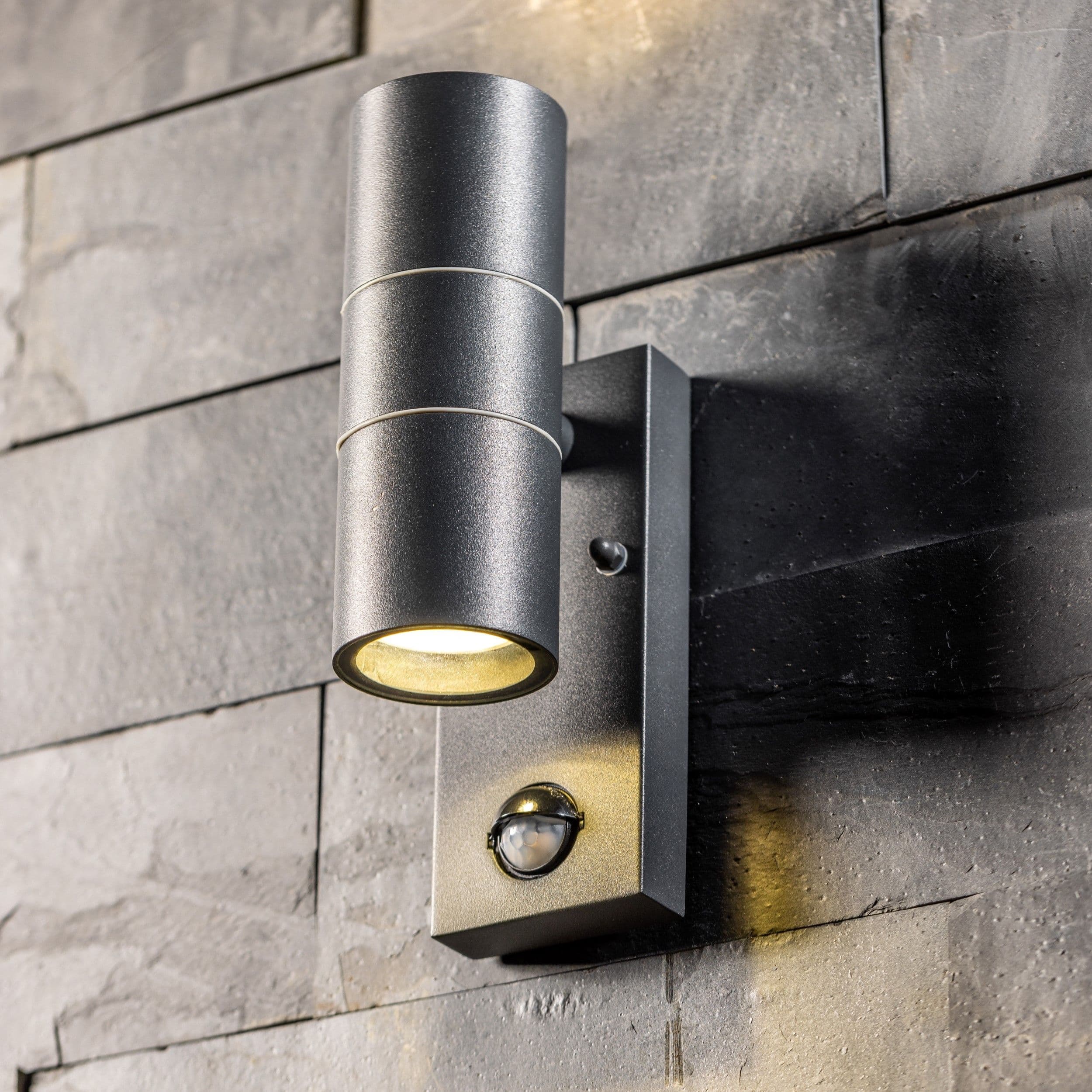 'Mia' Dark Grey Stainless Steel GU10 Up and Down Outdoor Wall Light IP44 with PIR Motion Sensor