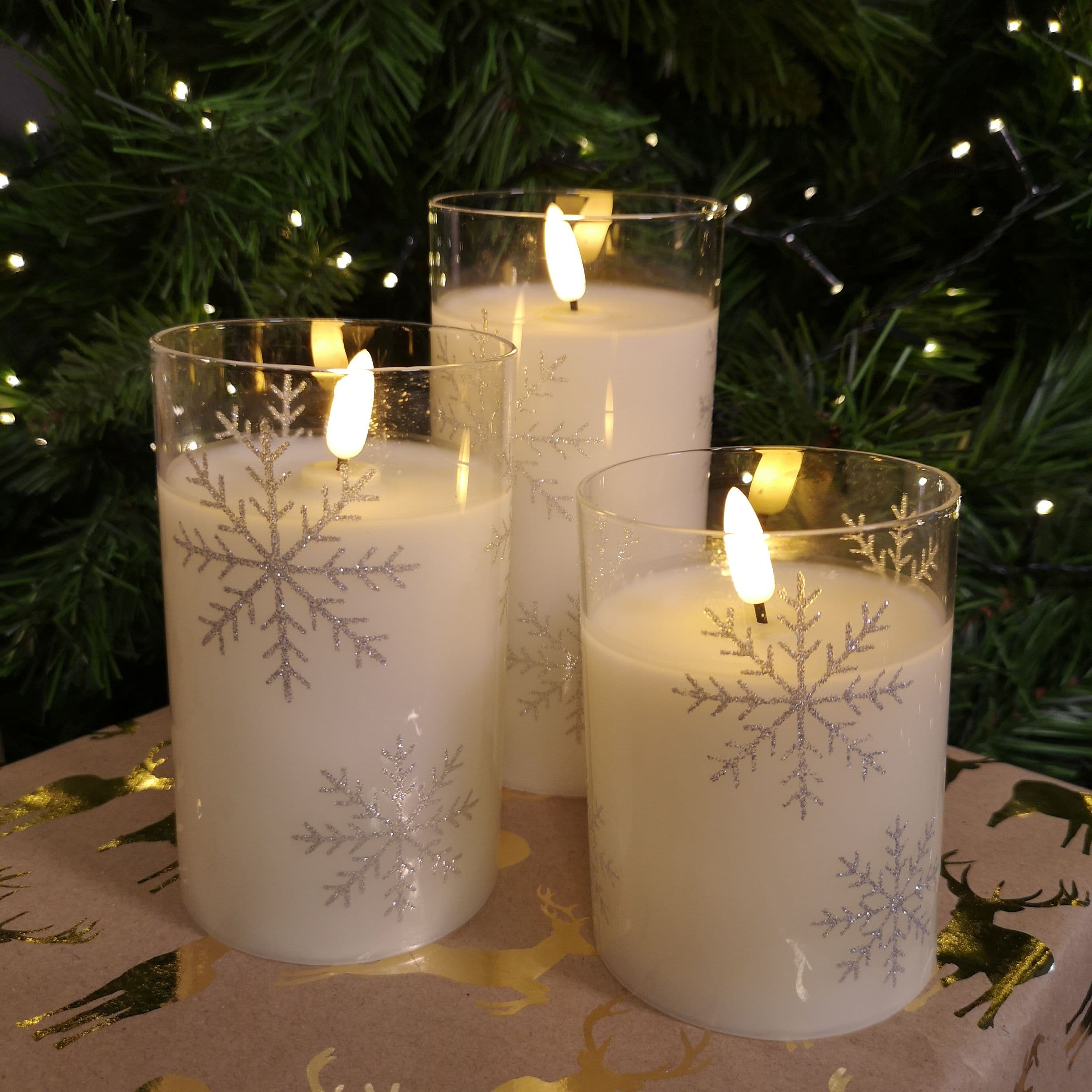 Set of 3 Snowflake Printed Glass Warm White Battery Candles with Timer