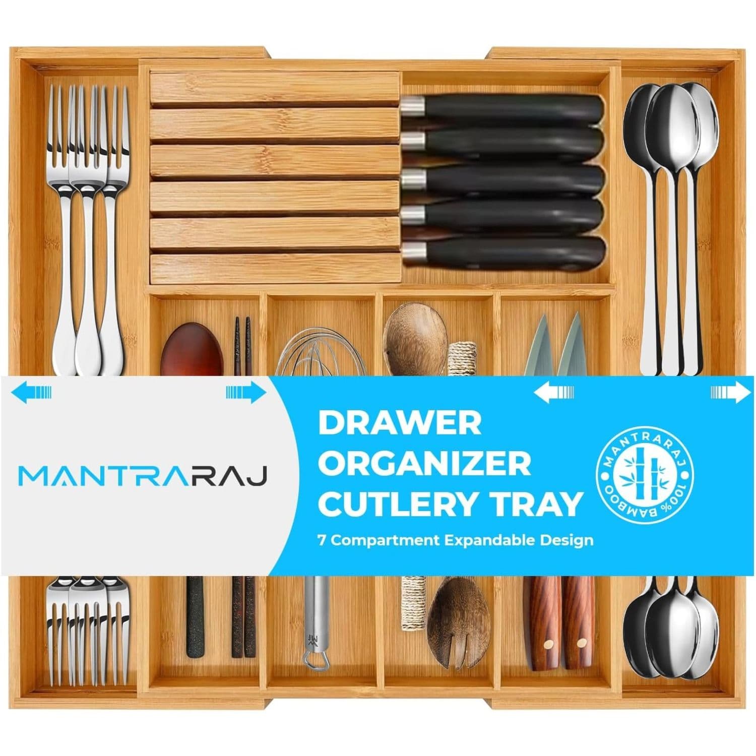 Bamboo Cutlery Tray Organiser Expandable Dividers Drawer Kitchen Utensil Storage Tray