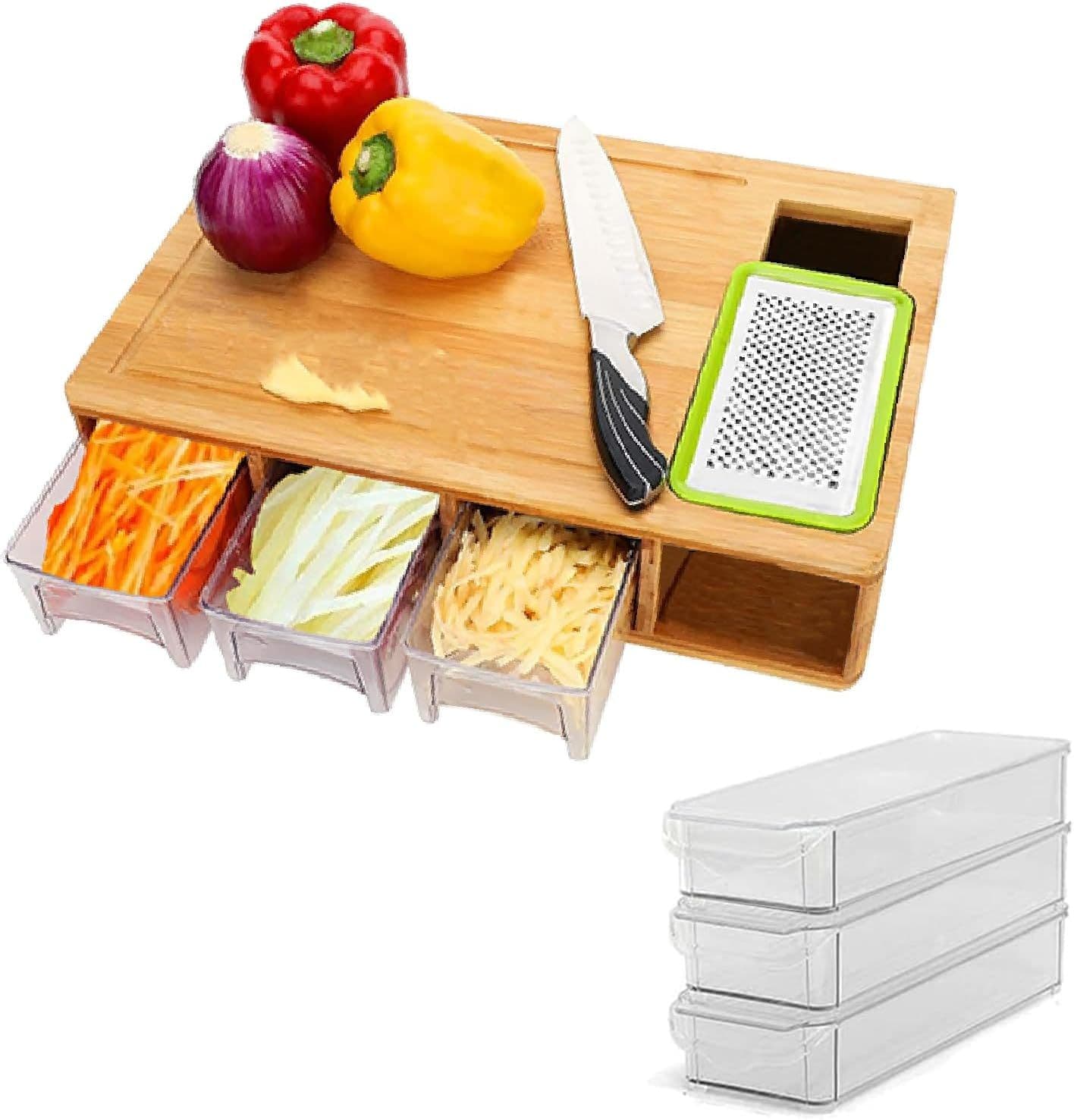 Bamboo Chopping Board Containers 3 Storage Drawer Trays Lids & Grater