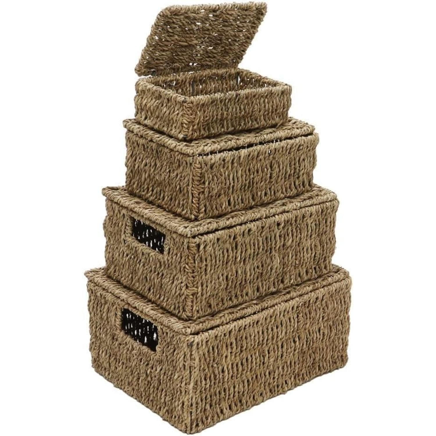 Seagrass Set 4 Rectangular Lidded Storage Baskets Hamper Basket Lid