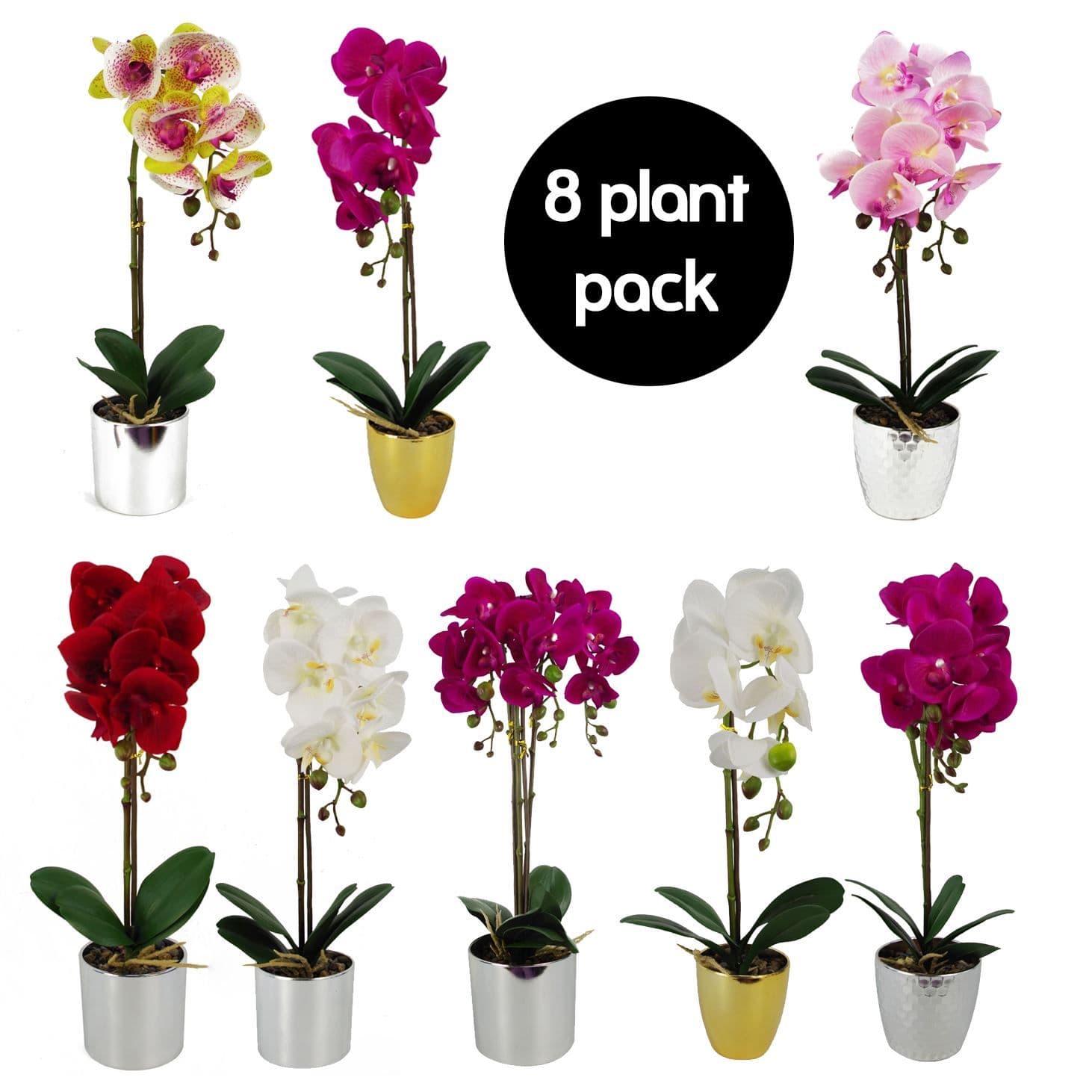 Pack of 8 Artificial Orchids in Silver Pots
