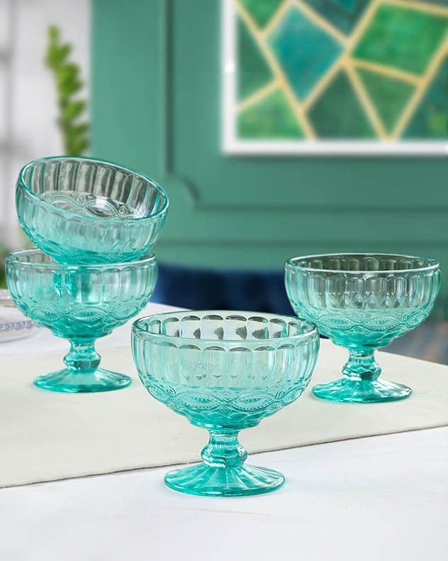 Set 4 Vintage Turquoise Glass Trifle Bowl Dessert Bowls