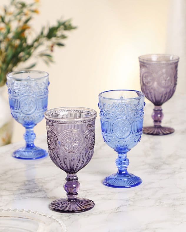 Set 4 Vintage Luxury Purple & Embossed Drinking Wine Glass Wine Goblets