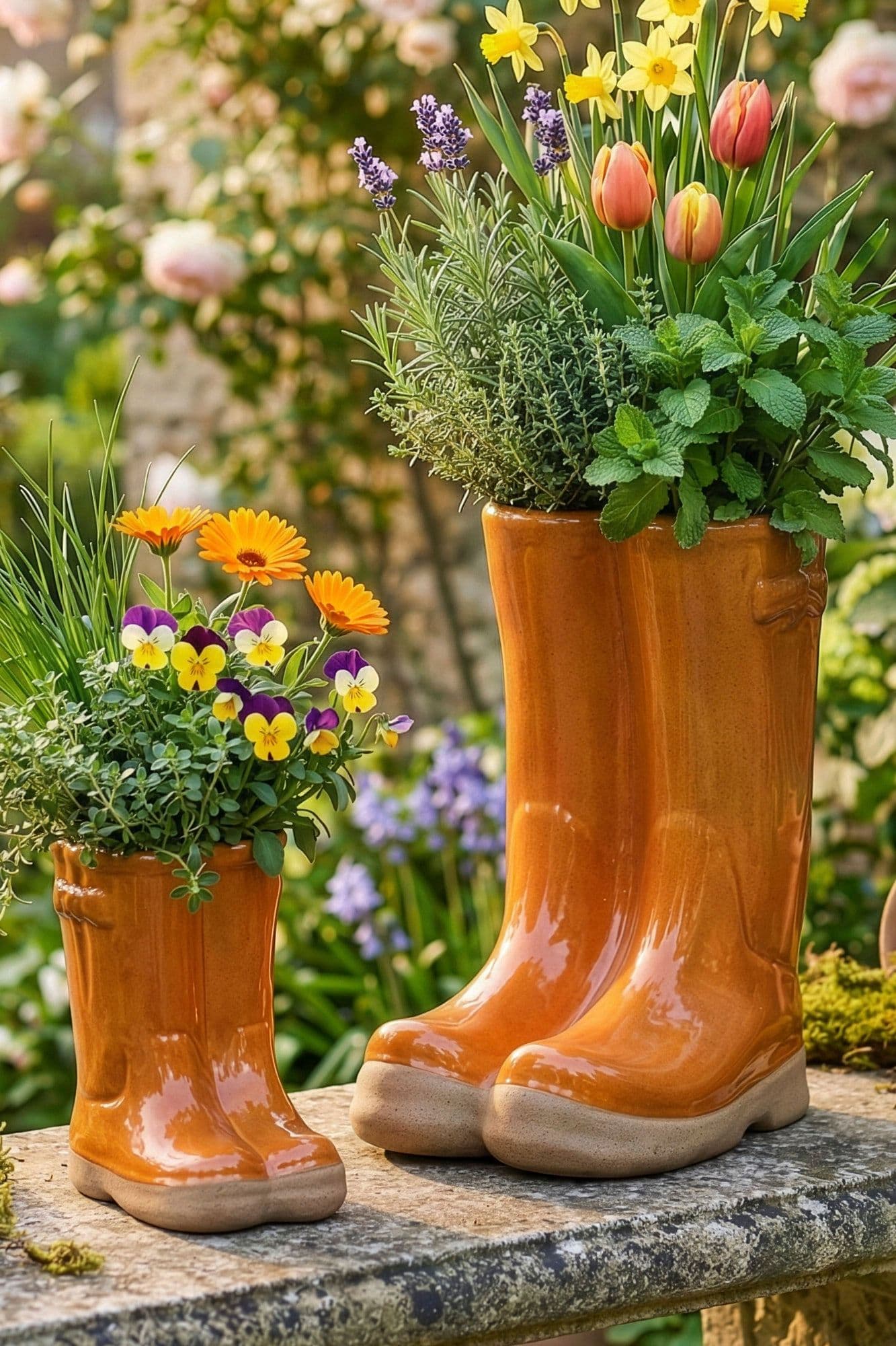 Set 2 Small Large Wellington Boots Ceramic Indoor Outdoor Flower Pot Garden Planters