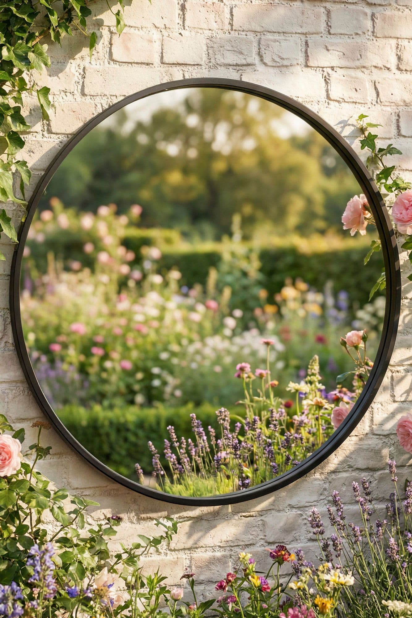 Contemporary Large Circular Iron Decorative Wall Mounted Mirror Outdoor Garden Framed Mirror 90cm