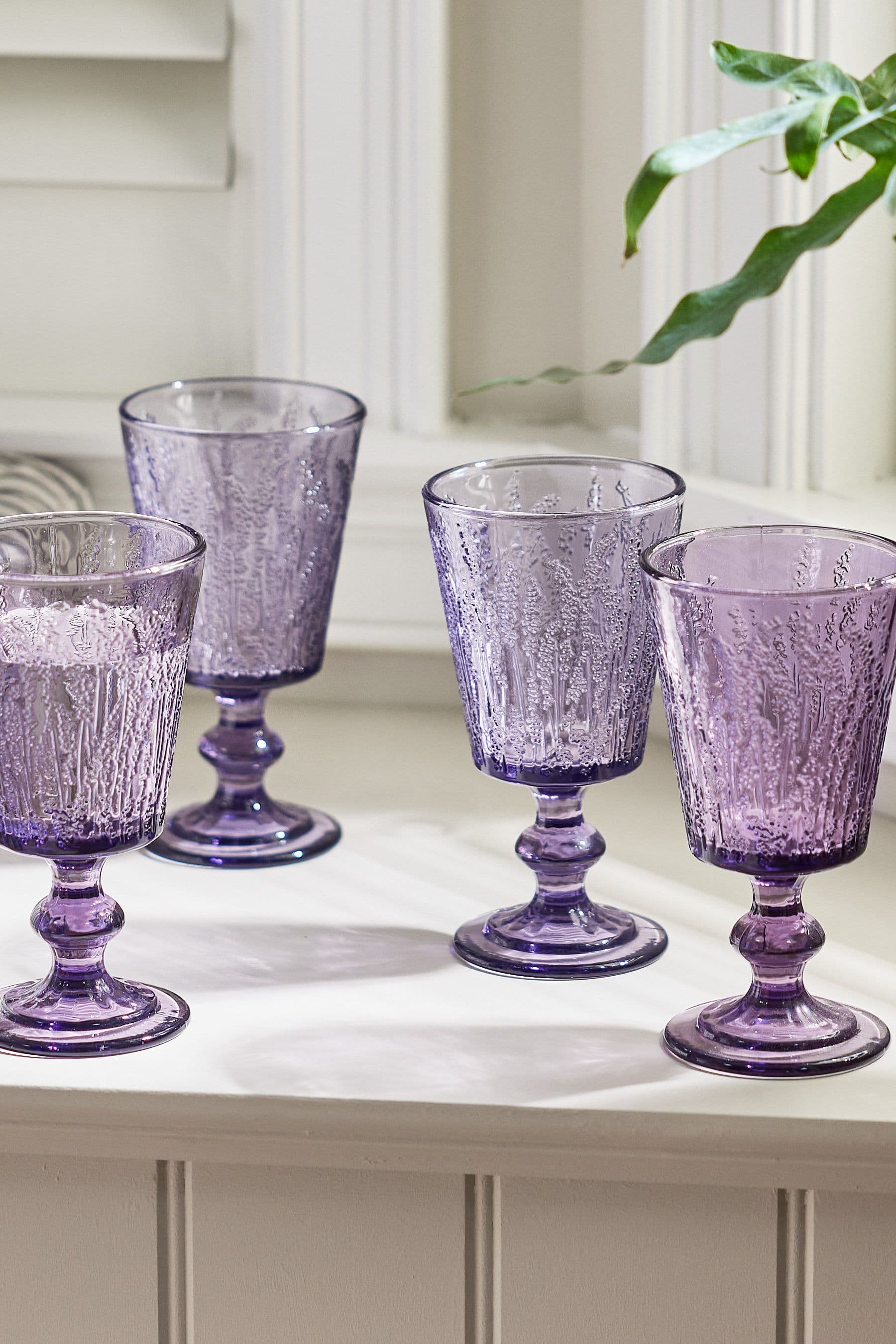 Set 4 Lavender Embossed Drinking Wine Glass Wine Goblets
