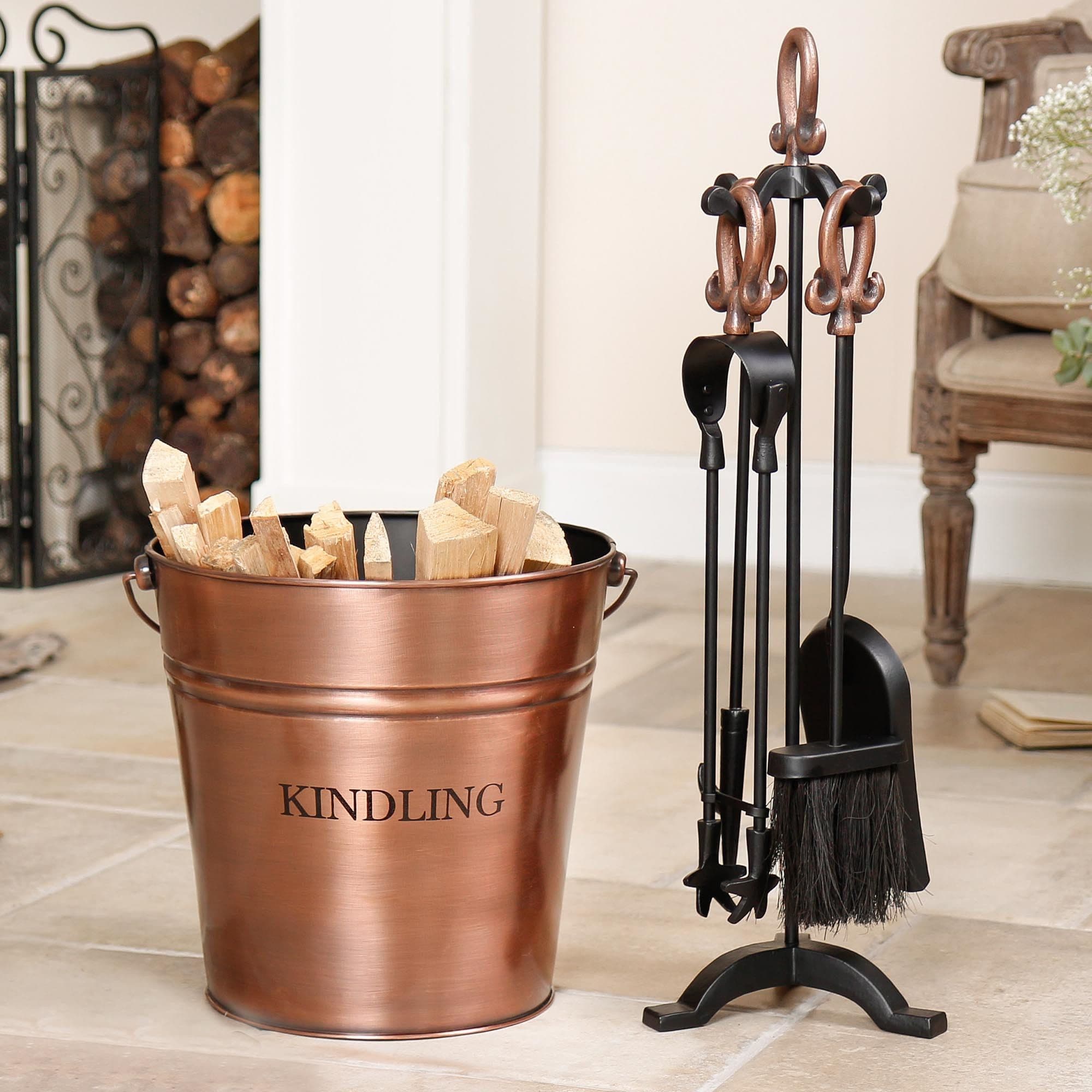 Traditional Fireplace Kindling Bucket Log Basket 5pc Fireside Companion Set