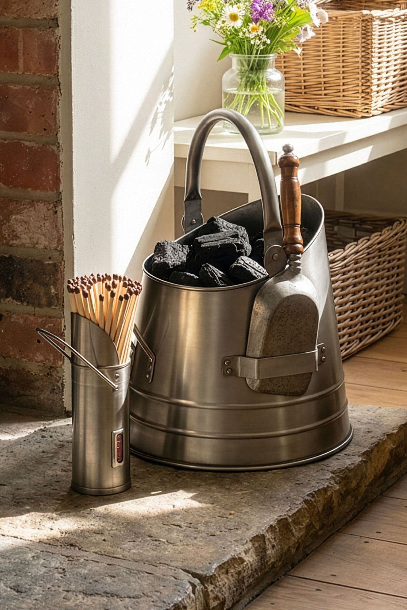 Traditional Antique Style Coal Bucket Matches Canister