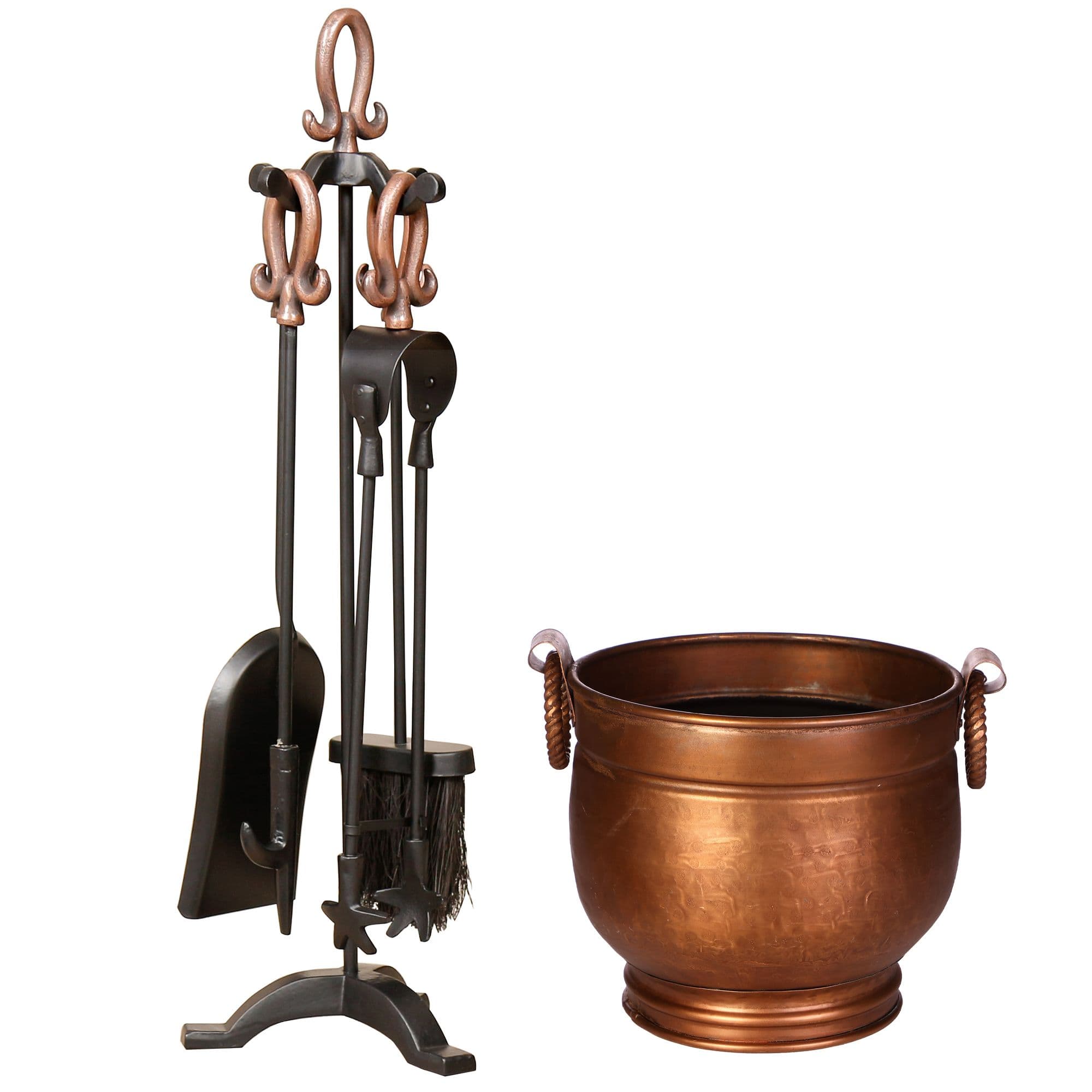 Antique Handled Freestanding Fireside Companion Set Round Footed Bucket