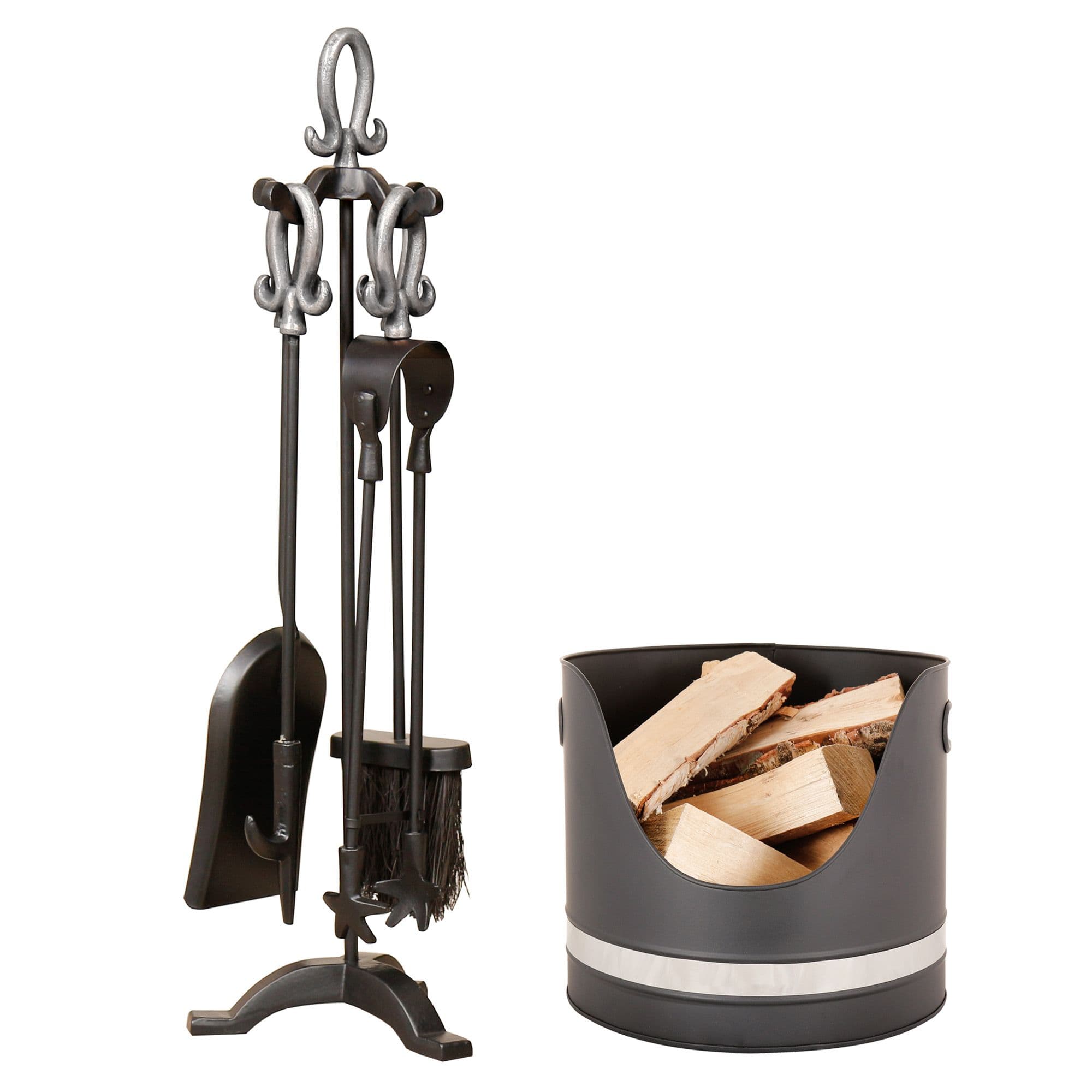 PEWTER Handled Free Standing Companion Set Nickel Log Bucket