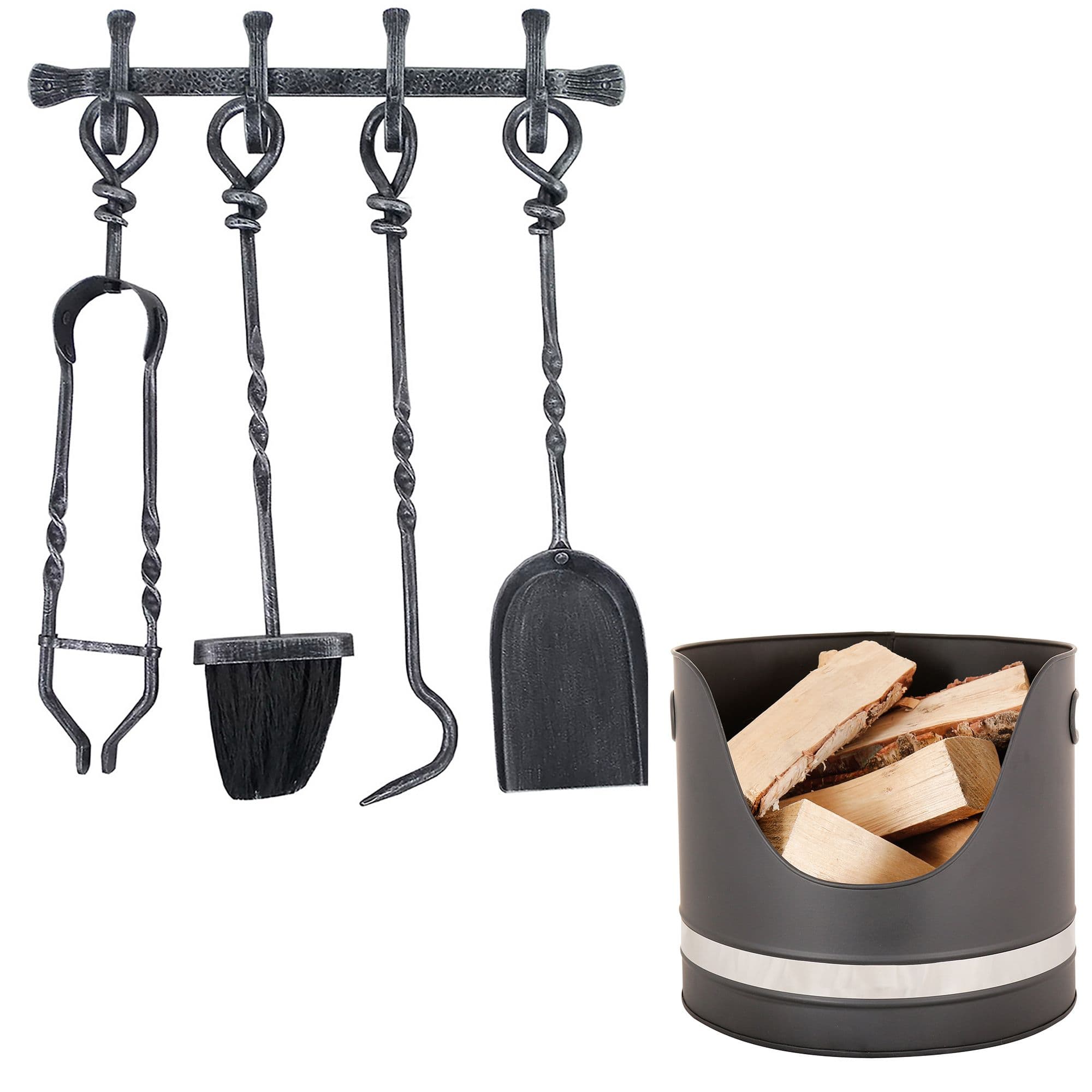 Cast Iron Wall Mounted Fireside Set Fireplace Nickel Log Storage Coal Bucket