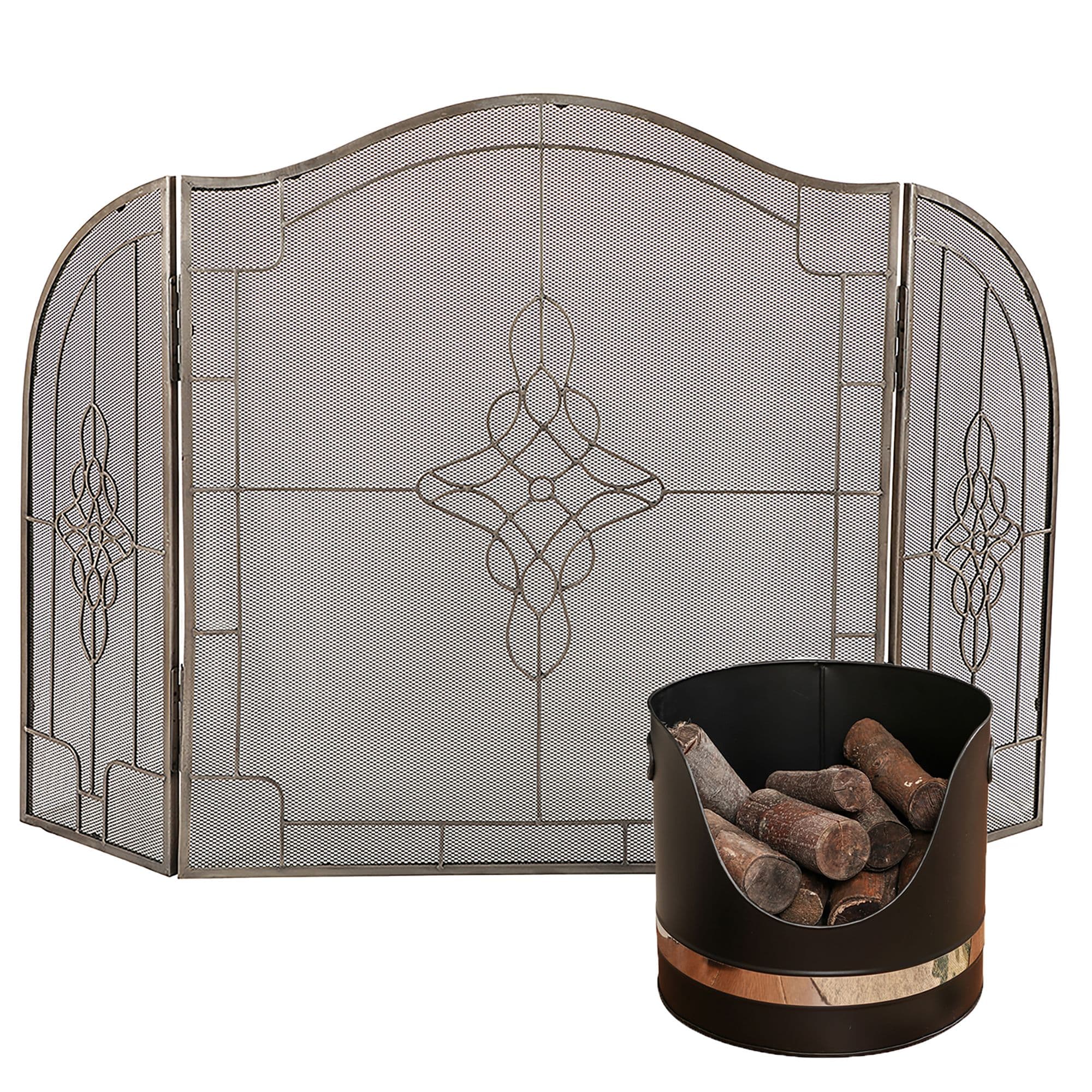 Nickel Coal Log Kindling Bucket Silver Three Fold Firescreen