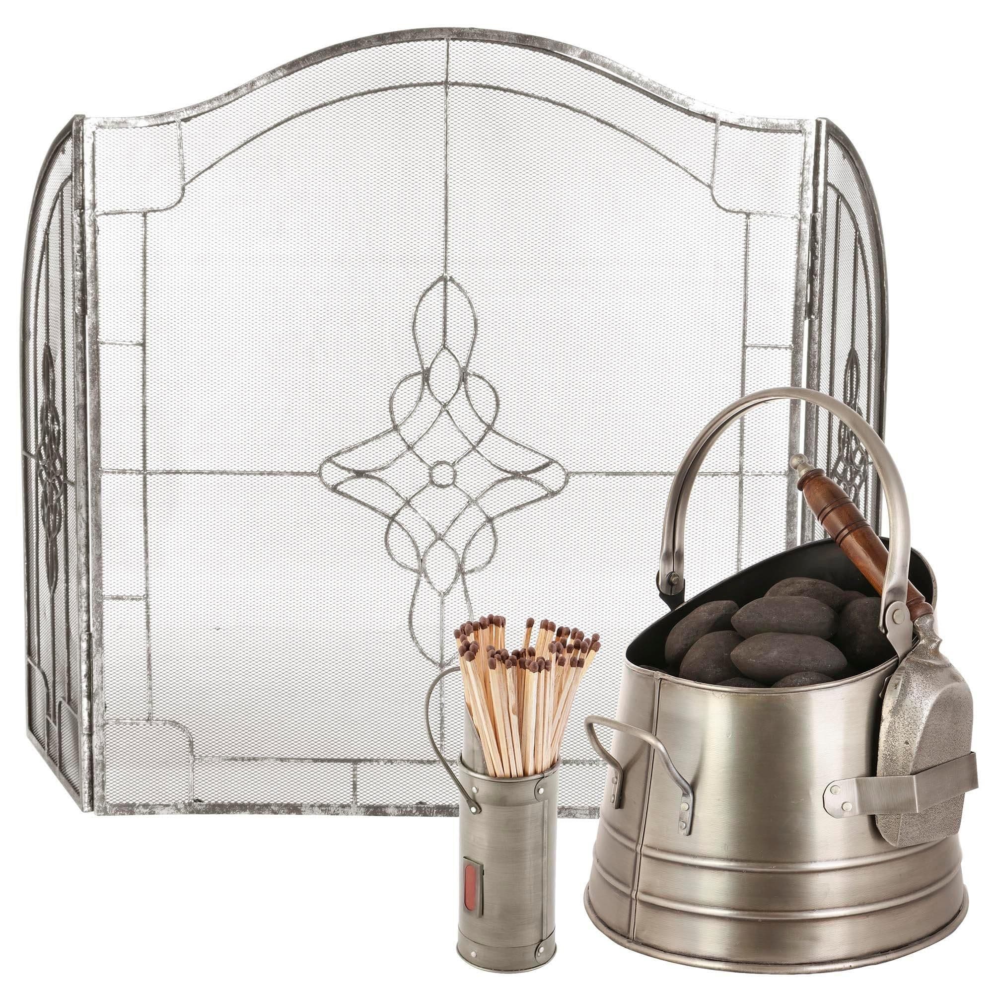 PEWTER Coal Log Kindling Bucket Matches Canister Three Fold Firescreen