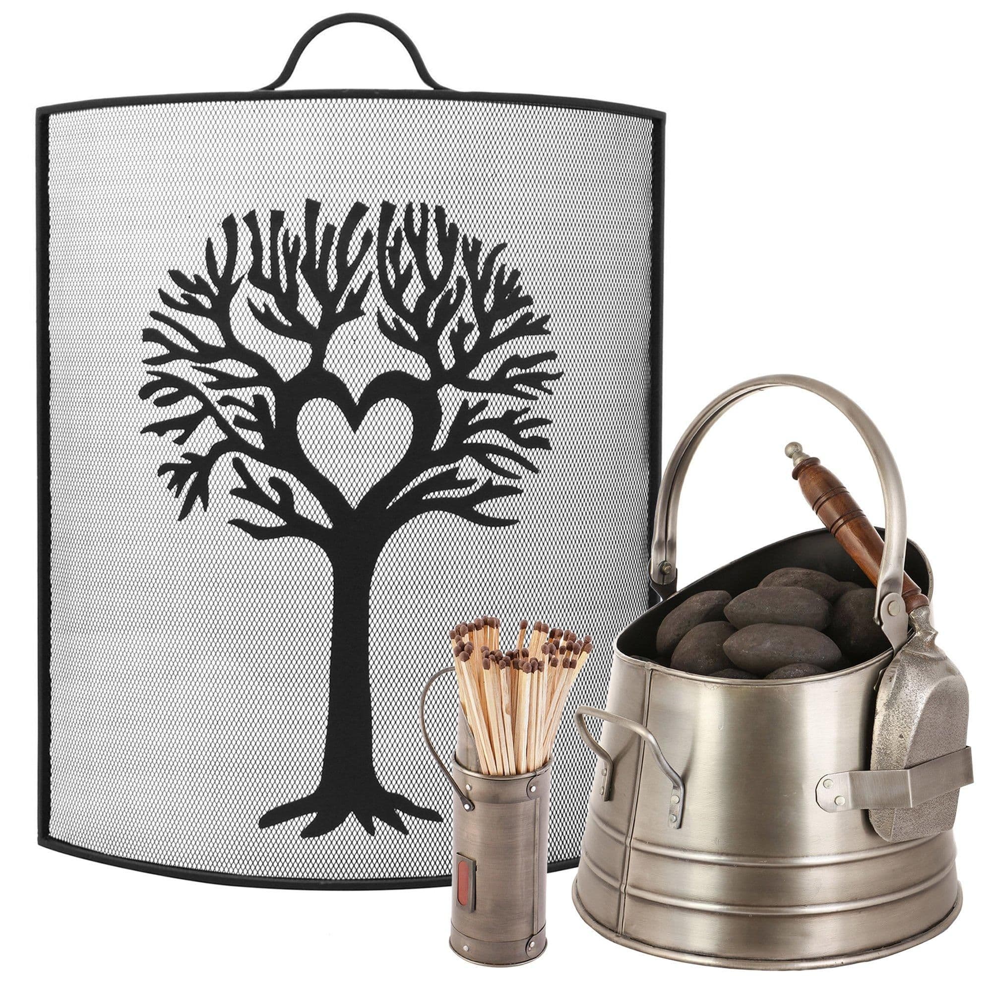 Traditional Tree Fireguard Coal Bucket Matches Canister